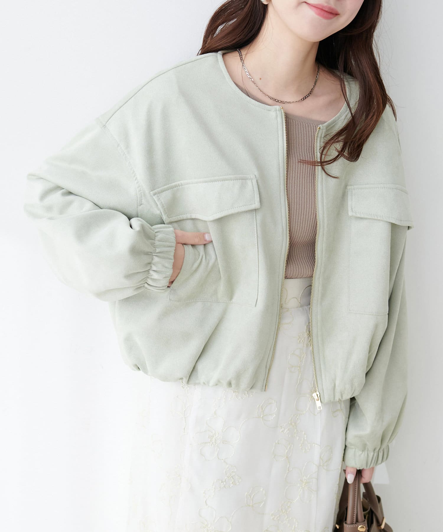 NICE CLAUP / OLIVE des OLIVE OUTLET(ナイスクラップ  / オリーブ デ オリーブ アウトレット) 【natural couture】ポンチスエードノーカラーブルゾン