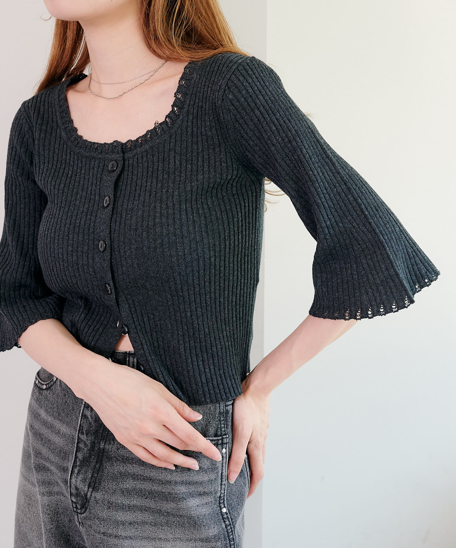 Kastane(カスタネ) 【WEB先行/2WAY/4色展開】リブニットスクエアレースカーデ