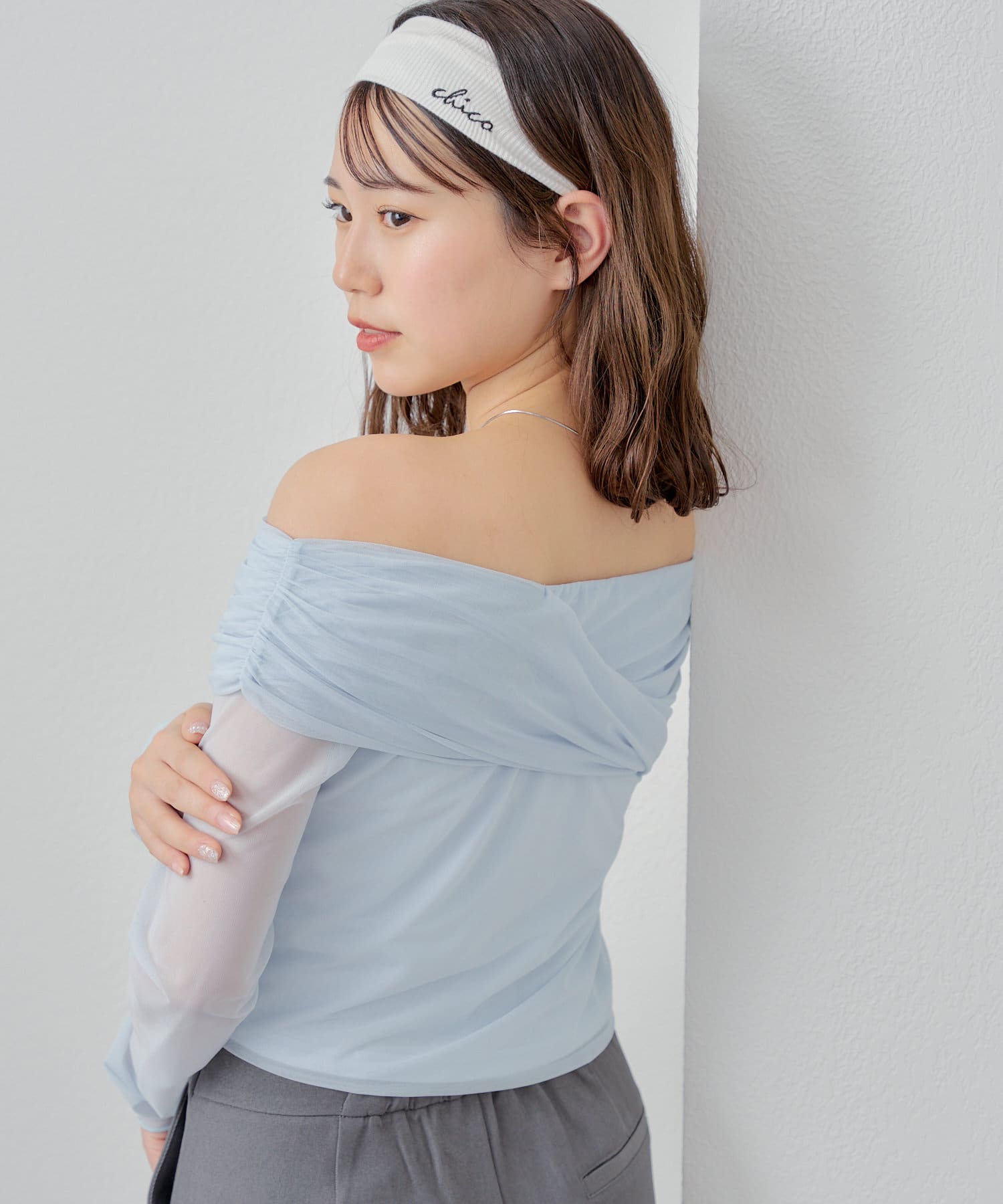 OUTLET(アウトレット) 【Chico】チュールオフショルトップス