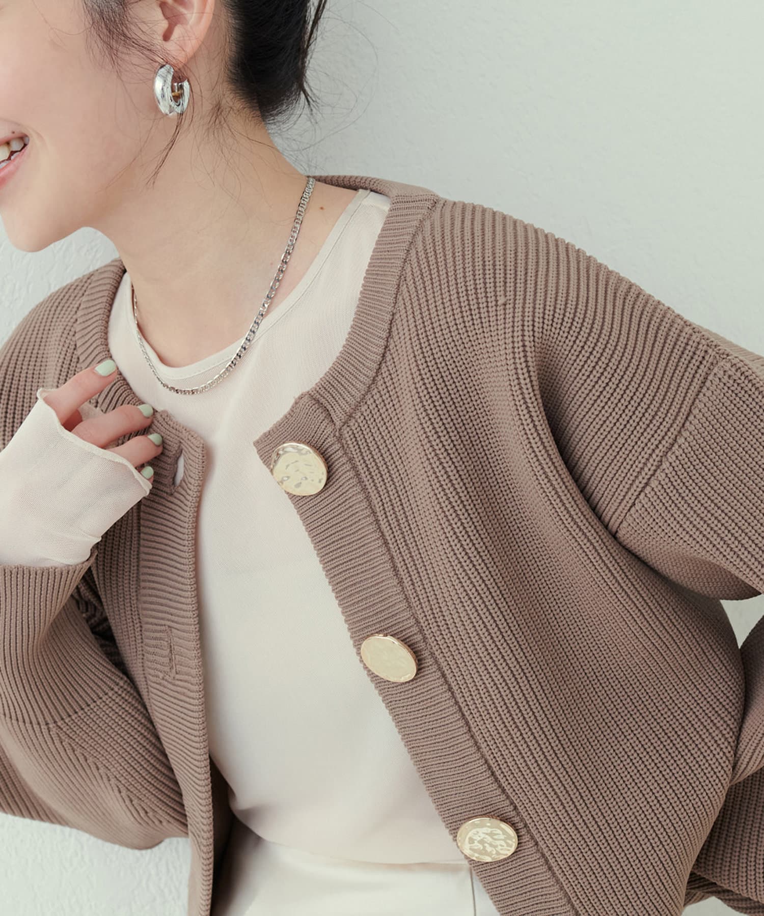 NICE CLAUP / OLIVE des OLIVE OUTLET(ナイスクラップ  / オリーブ デ オリーブ アウトレット) 【natural couture】BIGボタン片畦ポリニットカーディガン