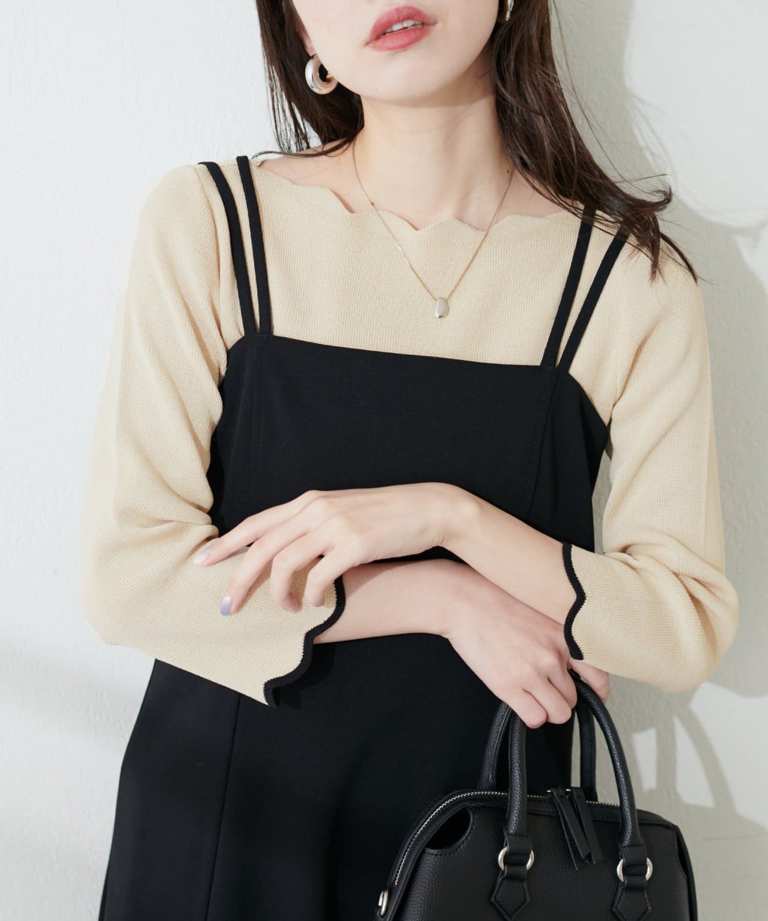 NICE CLAUP / OLIVE des OLIVE OUTLET(ナイスクラップ  / オリーブ デ オリーブ アウトレット) 【natural couture】配色スカラップ強撚ニット（7二袖）