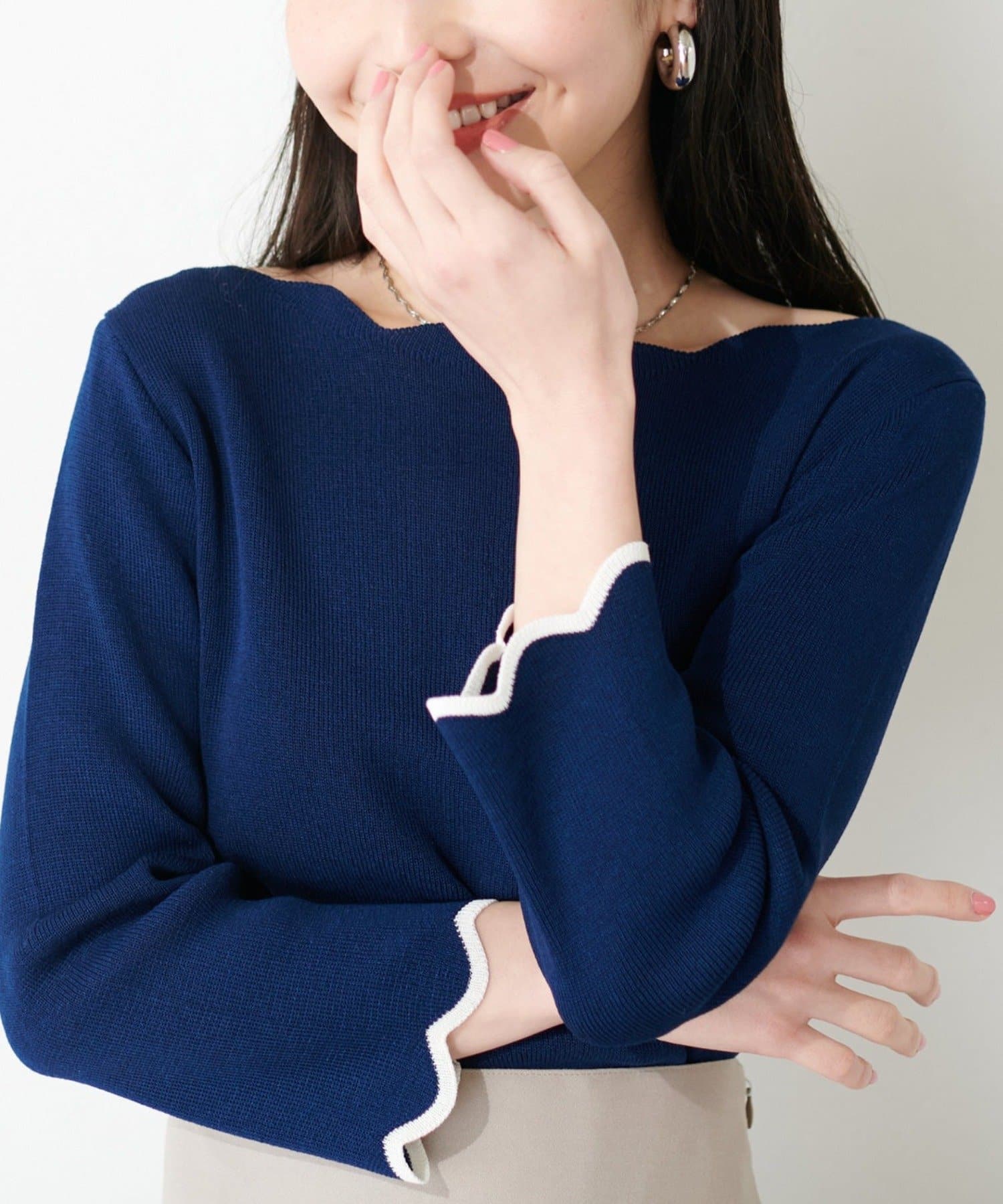 NICE CLAUP / OLIVE des OLIVE OUTLET(ナイスクラップ  / オリーブ デ オリーブ アウトレット) 【natural couture】配色スカラップ強撚ニット（7二袖）