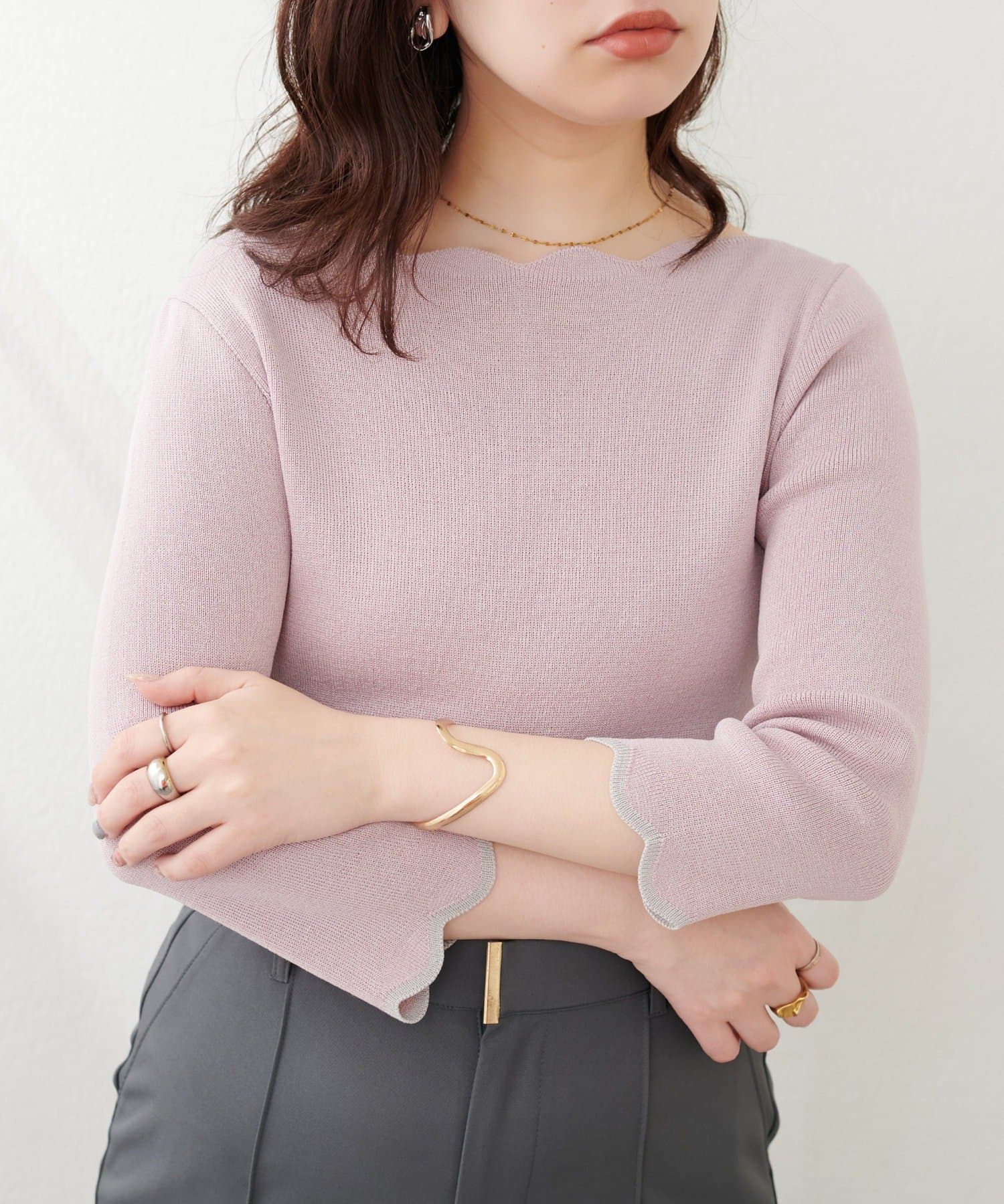 NICE CLAUP / OLIVE des OLIVE OUTLET(ナイスクラップ  / オリーブ デ オリーブ アウトレット) 【natural couture】配色スカラップ強撚ニット（7二袖）