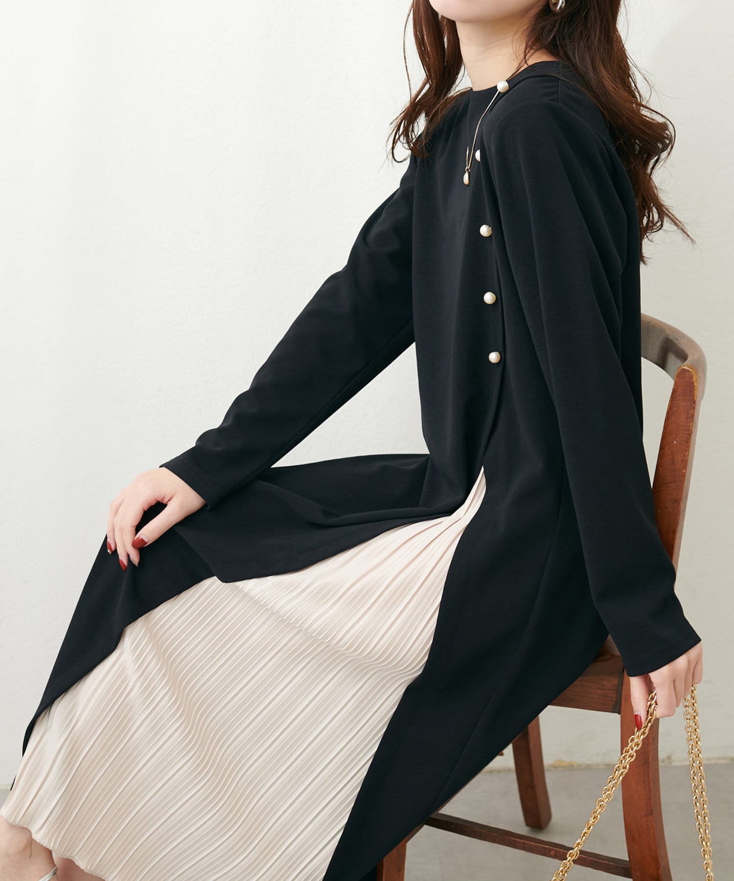 NICE CLAUP / OLIVE des OLIVE OUTLET(ナイスクラップ  / オリーブ デ オリーブ アウトレット) 【natural couture】カットジョーゼットプリーツ切替ワンピース