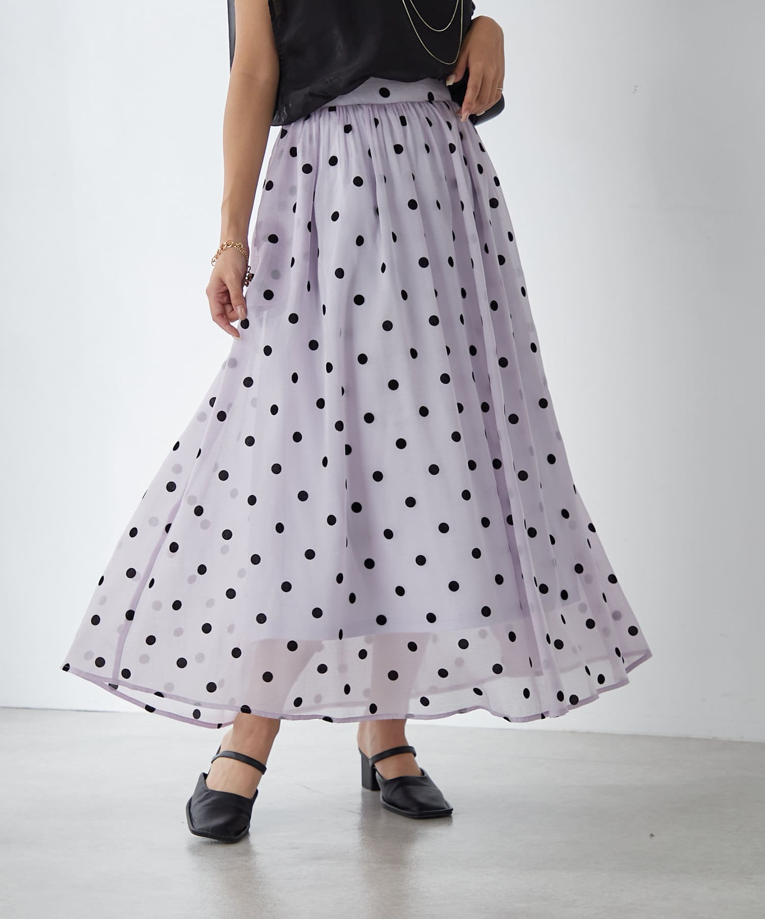 NICE CLAUP / OLIVE des OLIVE OUTLET(ナイスクラップ  / オリーブ デ オリーブ アウトレット) 《上品見え・主役級スカート》【RMAF】ドットギャザースカート