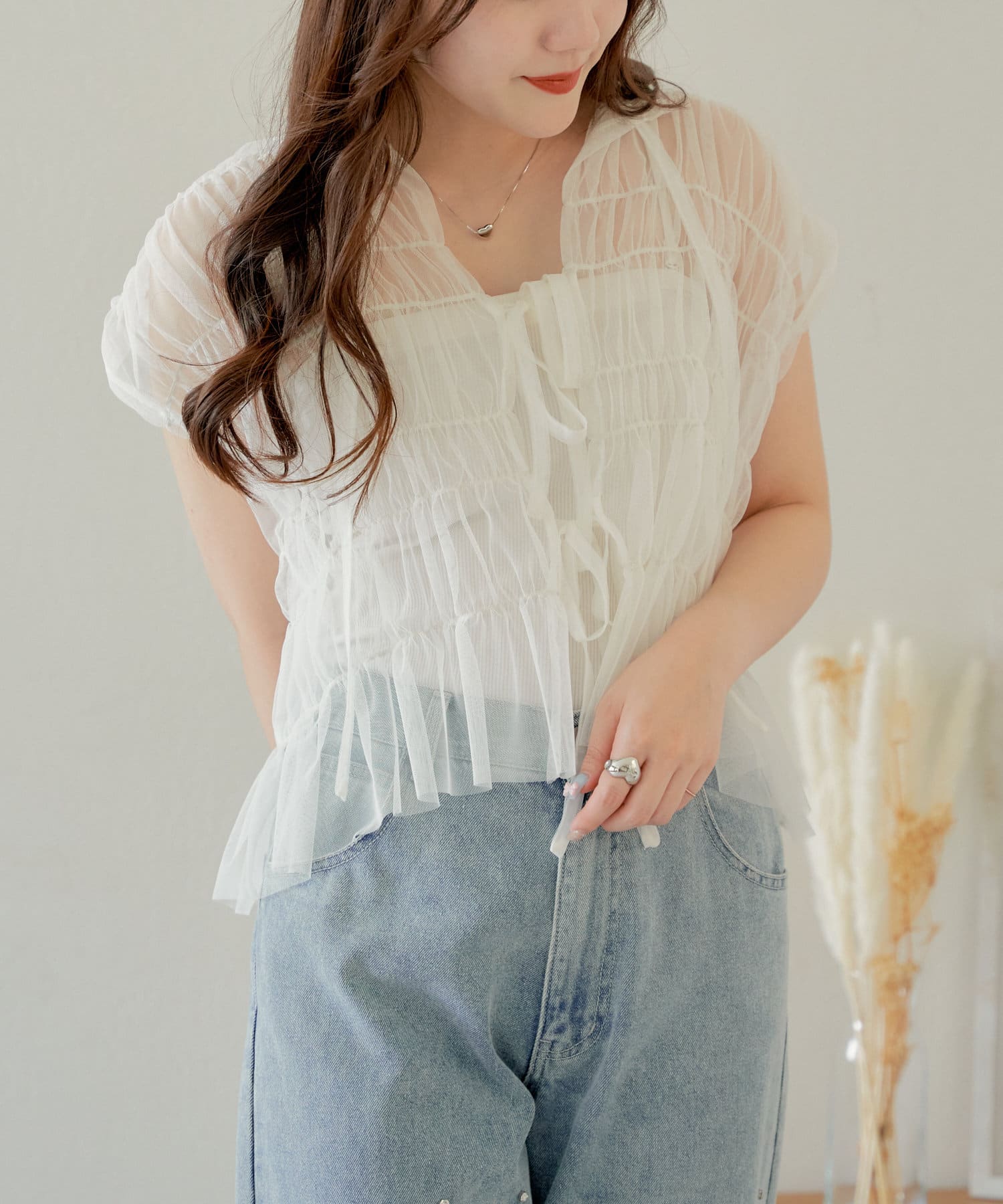 NICE CLAUP / OLIVE des OLIVE OUTLET(ナイスクラップ  / オリーブ デ オリーブ アウトレット) 【RMAF】前後2WAYチュールギャザーブラウス