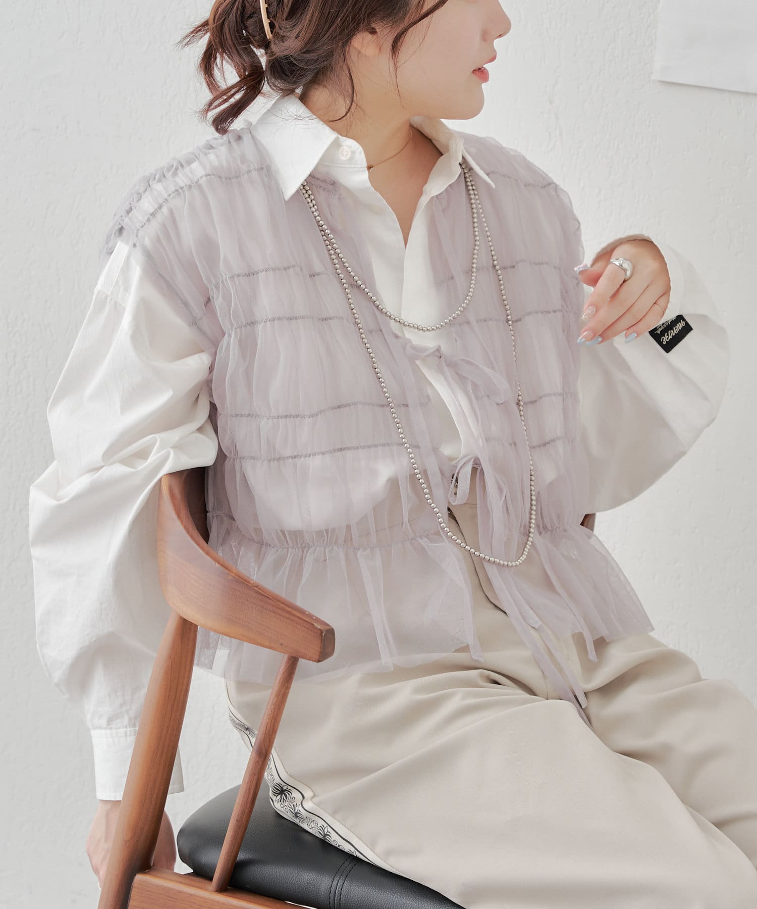 NICE CLAUP / OLIVE des OLIVE OUTLET(ナイスクラップ  / オリーブ デ オリーブ アウトレット) 【RMAF】前後2WAYチュールギャザーブラウス