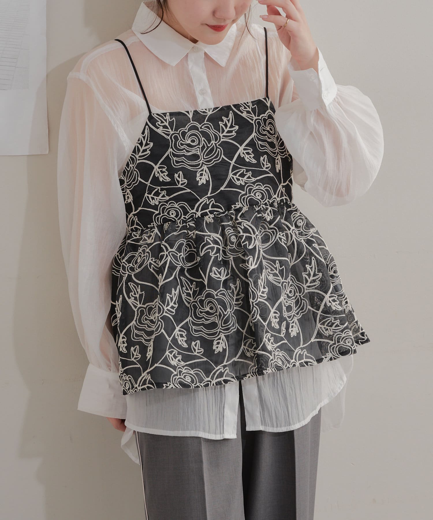 ⑩ゆったりカジュアル❤️3L◆レースアップ袖ブラウス&花柄刺繍ポッケのガウチョ レディース 大人 上品 花刺繍レースのぽわん袖トップス【メール
