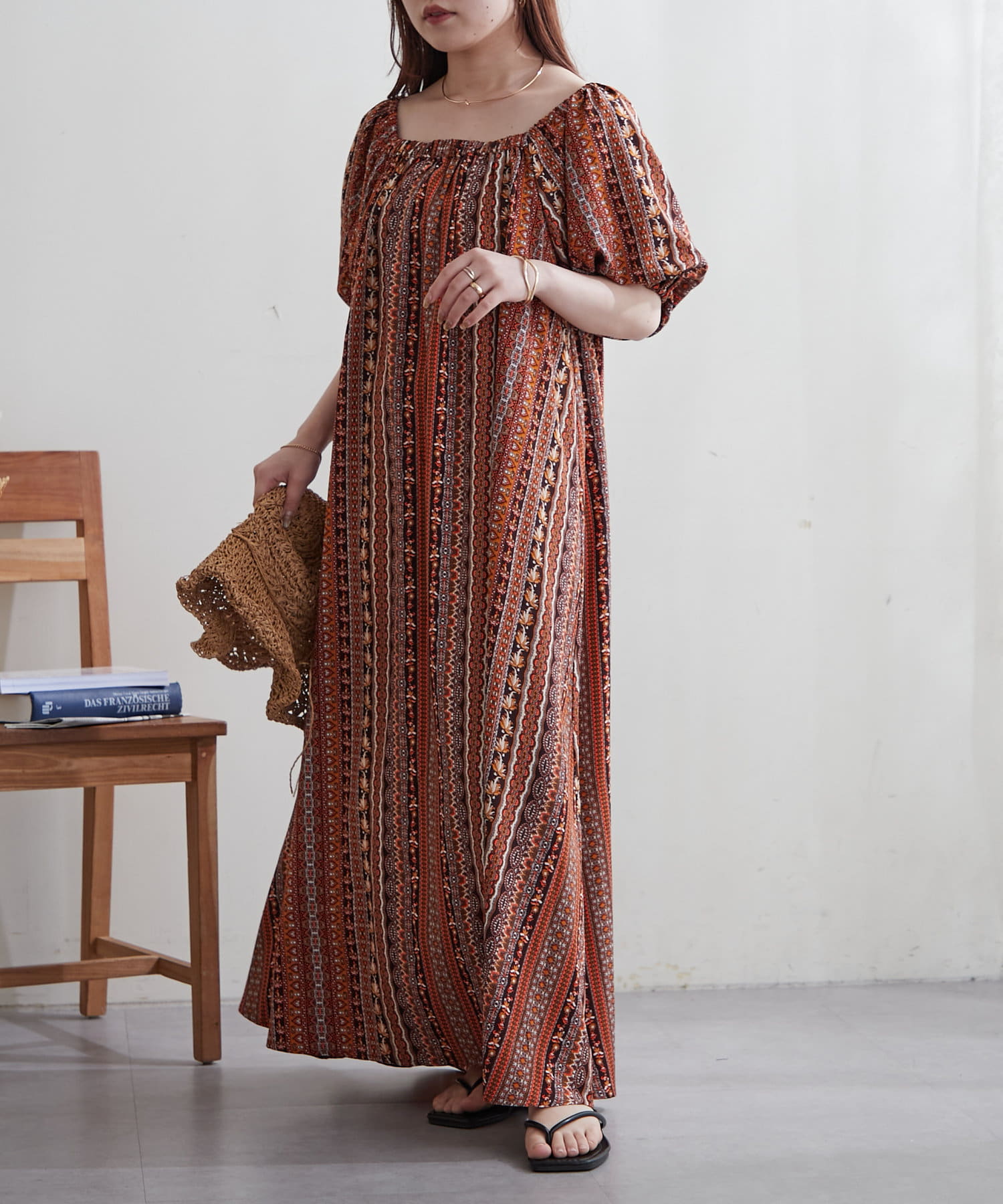 NICE CLAUP / OLIVE des OLIVE OUTLET(ナイスクラップ  / オリーブ デ オリーブ アウトレット) 【RMAF】【WEB限定】エスニック柄袖ボリュームワンピース