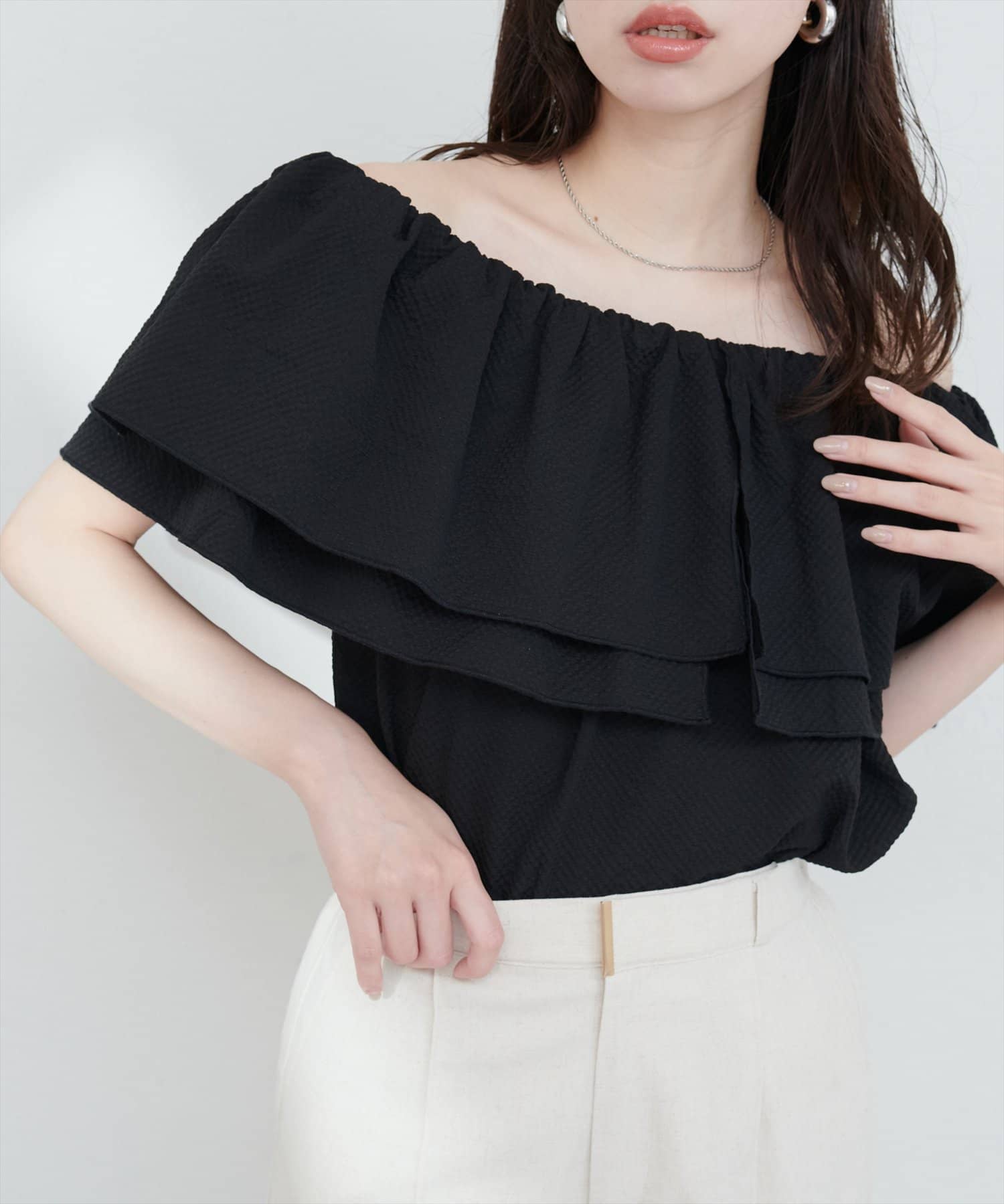 natural couture(ナチュラルクチュール) サッカーチェックオフショルブラウス