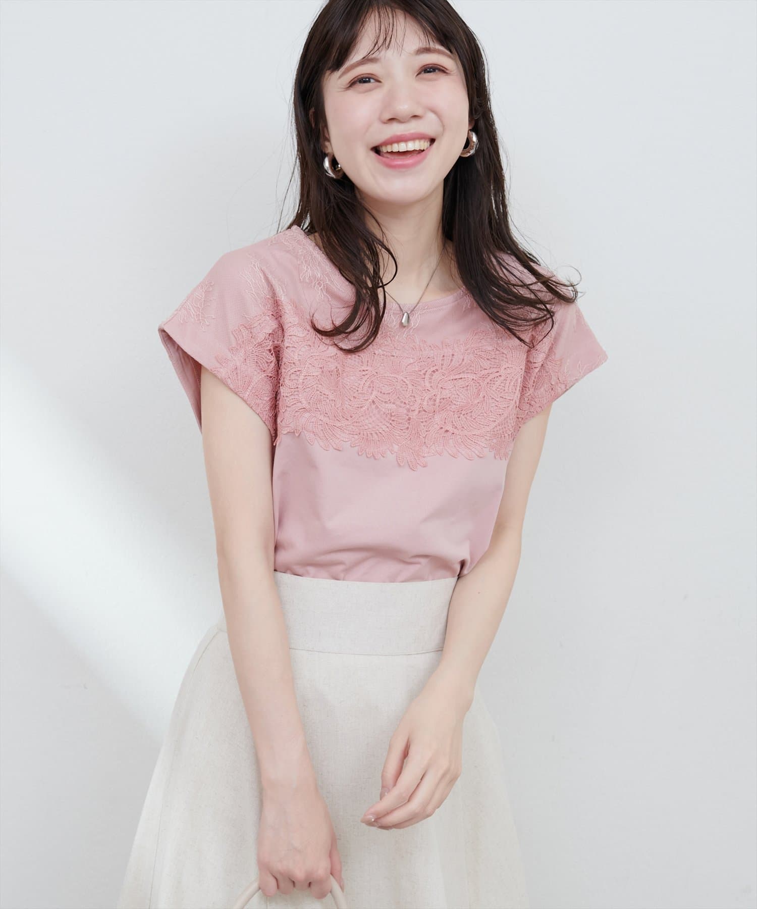 natural couture(ナチュラルクチュール) レースヨーク切替Tシャツ
