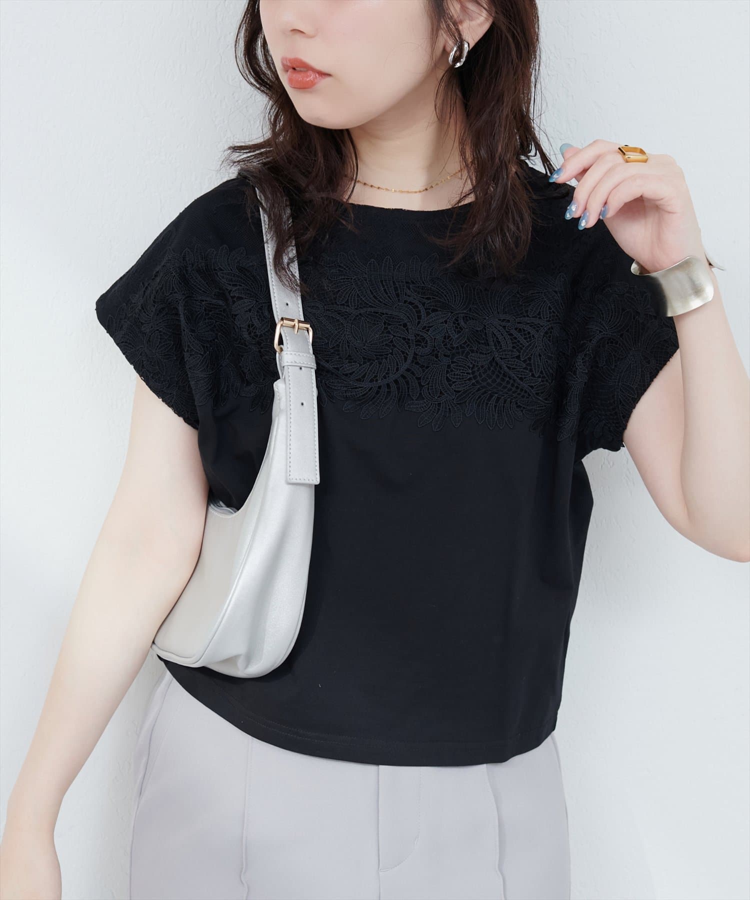 natural couture(ナチュラルクチュール) レースヨーク切替Tシャツ