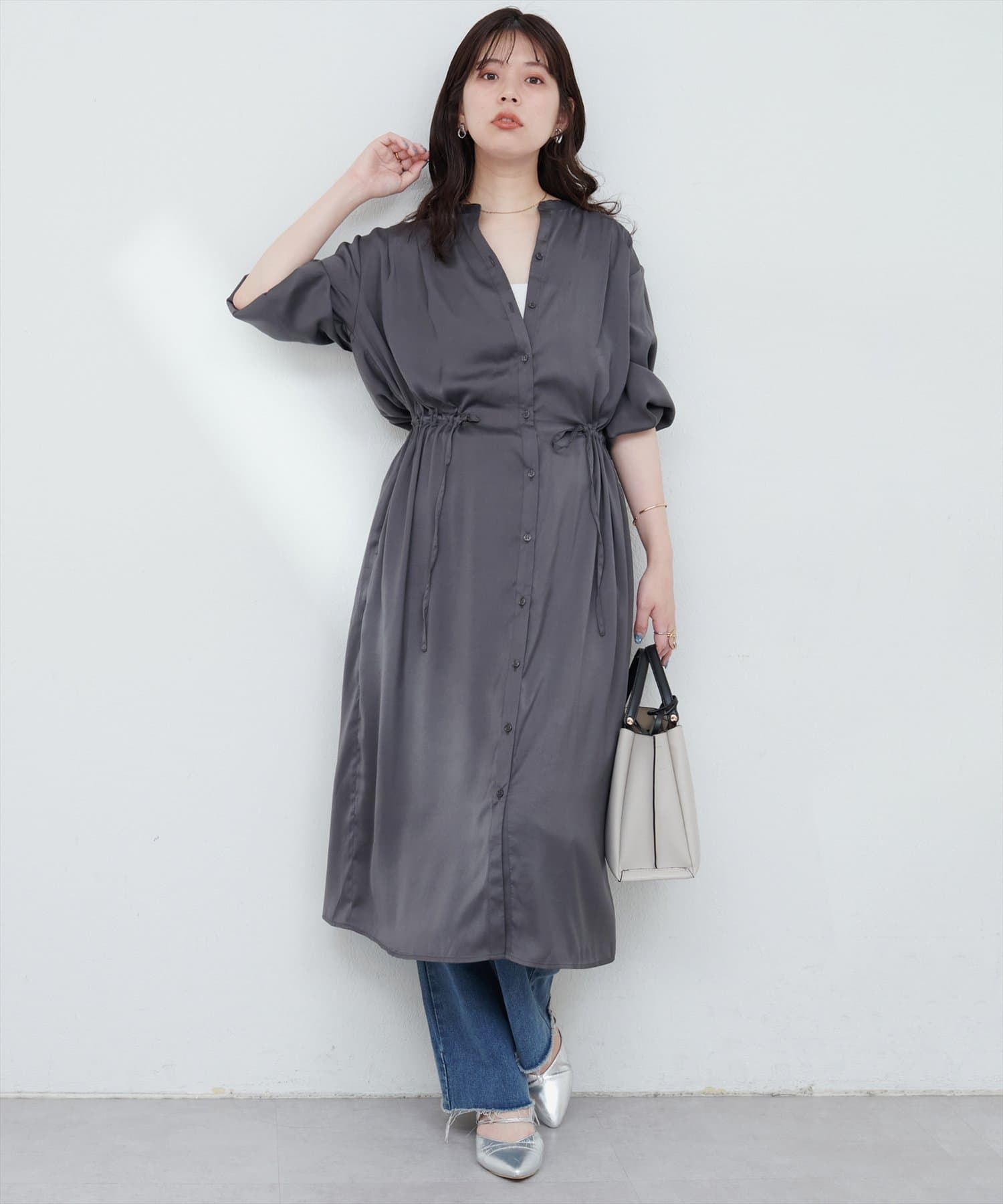 natural couture(ナチュラルクチュール) たっぷりギャザーサテンワンピース