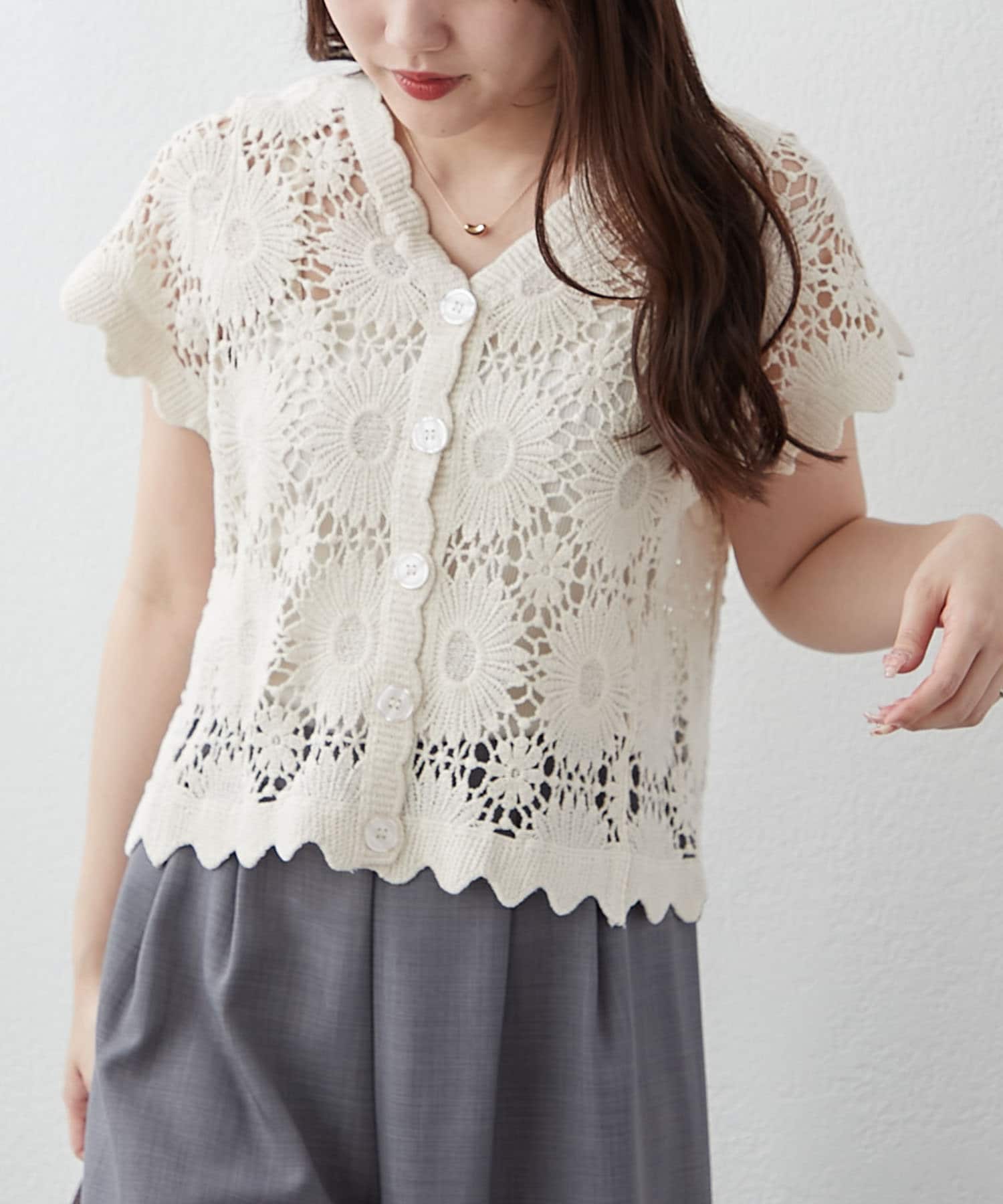 NICE CLAUP / OLIVE des OLIVE OUTLET(ナイスクラップ  / オリーブ デ オリーブ アウトレット) 涼し気レース編み【RMAF】かぎ針半袖カーディガン