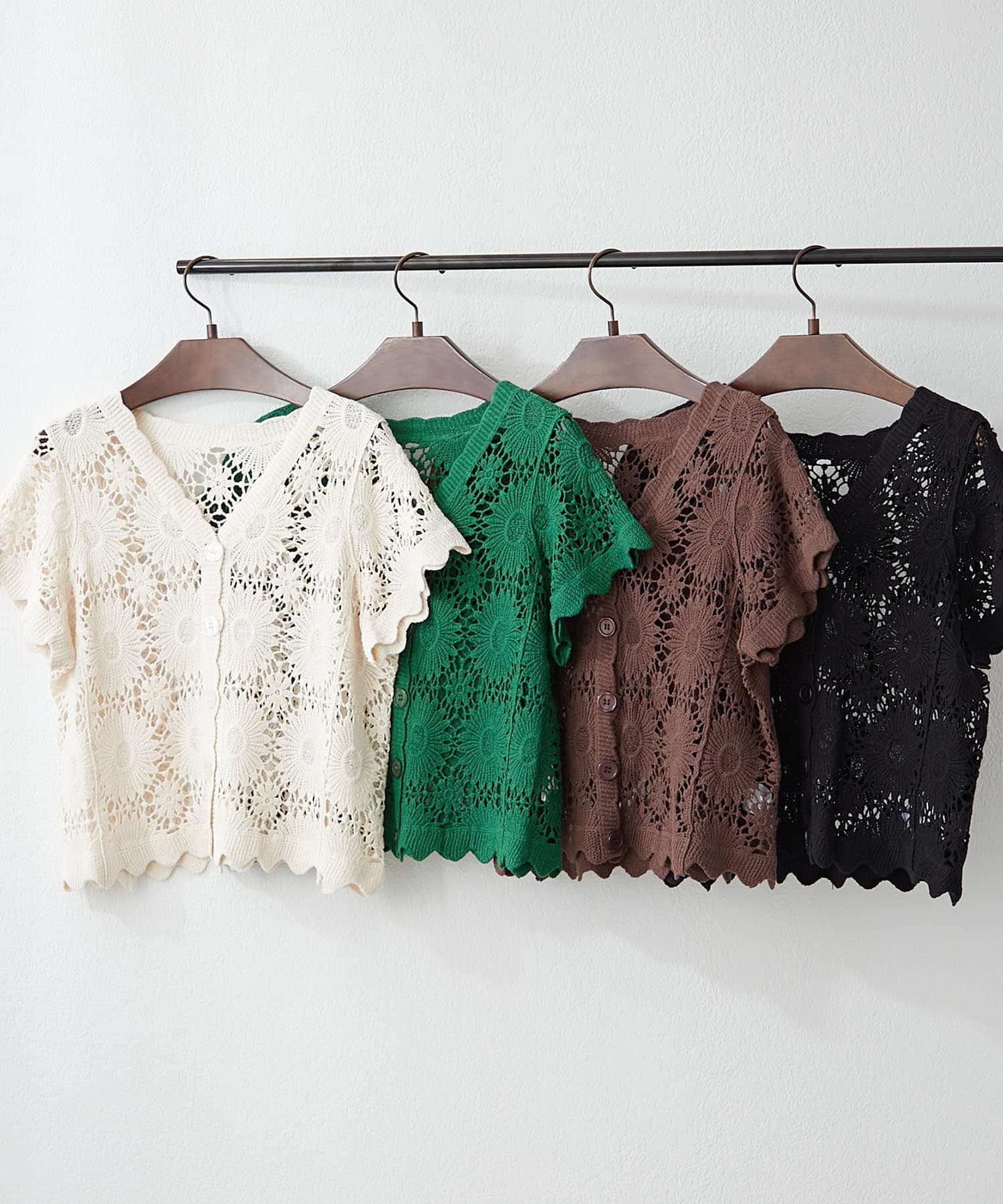 NICE CLAUP / OLIVE des OLIVE OUTLET(ナイスクラップ  / オリーブ デ オリーブ アウトレット) 涼し気レース編み【RMAF】かぎ針半袖カーディガン