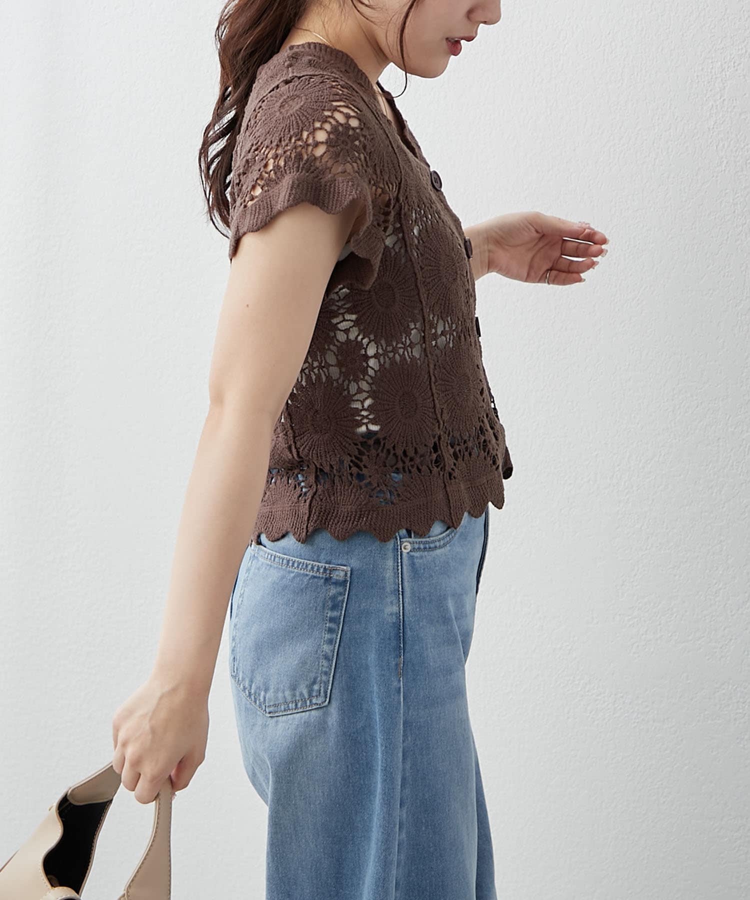 NICE CLAUP / OLIVE des OLIVE OUTLET(ナイスクラップ  / オリーブ デ オリーブ アウトレット) 涼し気レース編み【RMAF】かぎ針半袖カーディガン