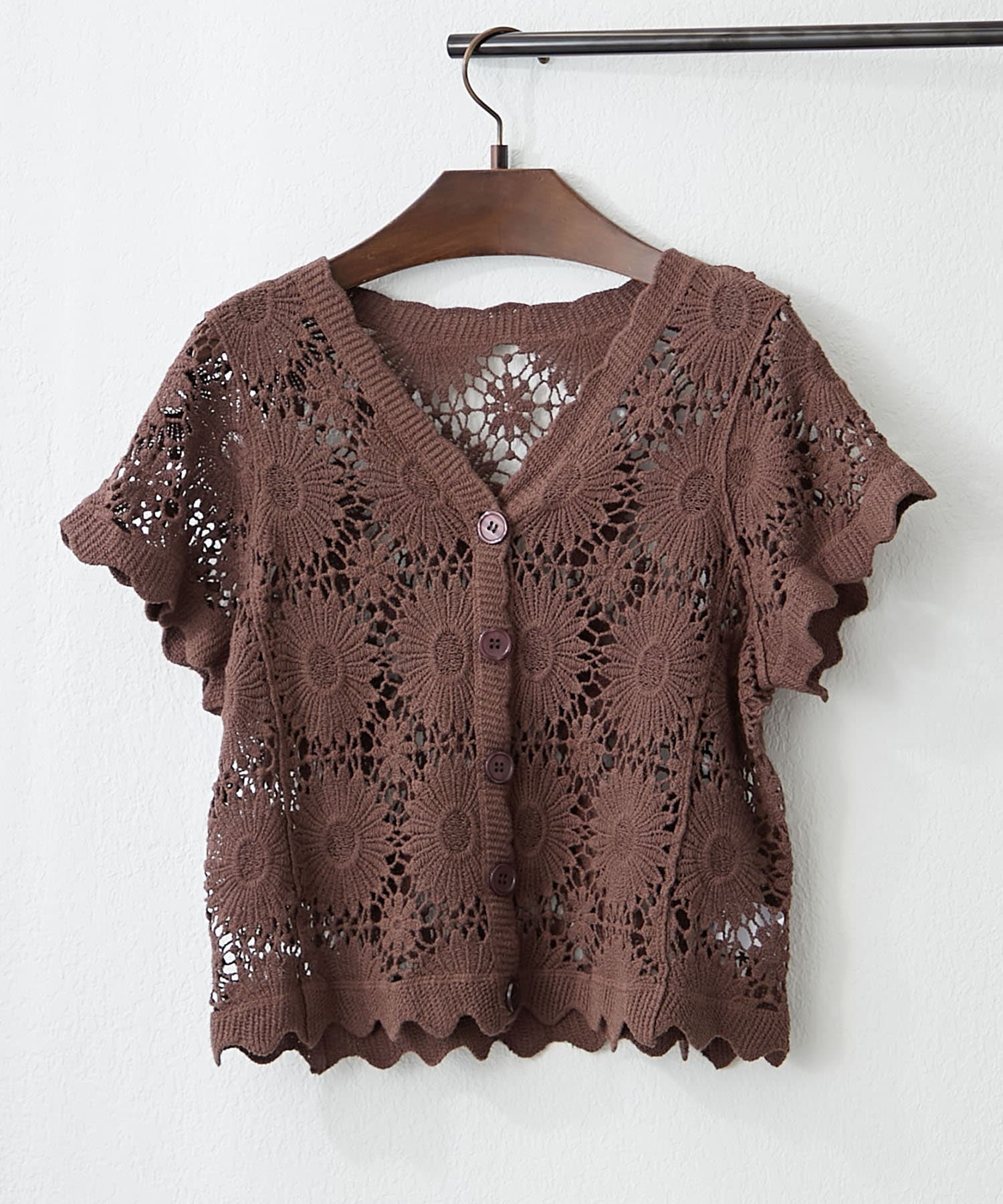 NICE CLAUP / OLIVE des OLIVE OUTLET(ナイスクラップ  / オリーブ デ オリーブ アウトレット) 涼し気レース編み【RMAF】かぎ針半袖カーディガン