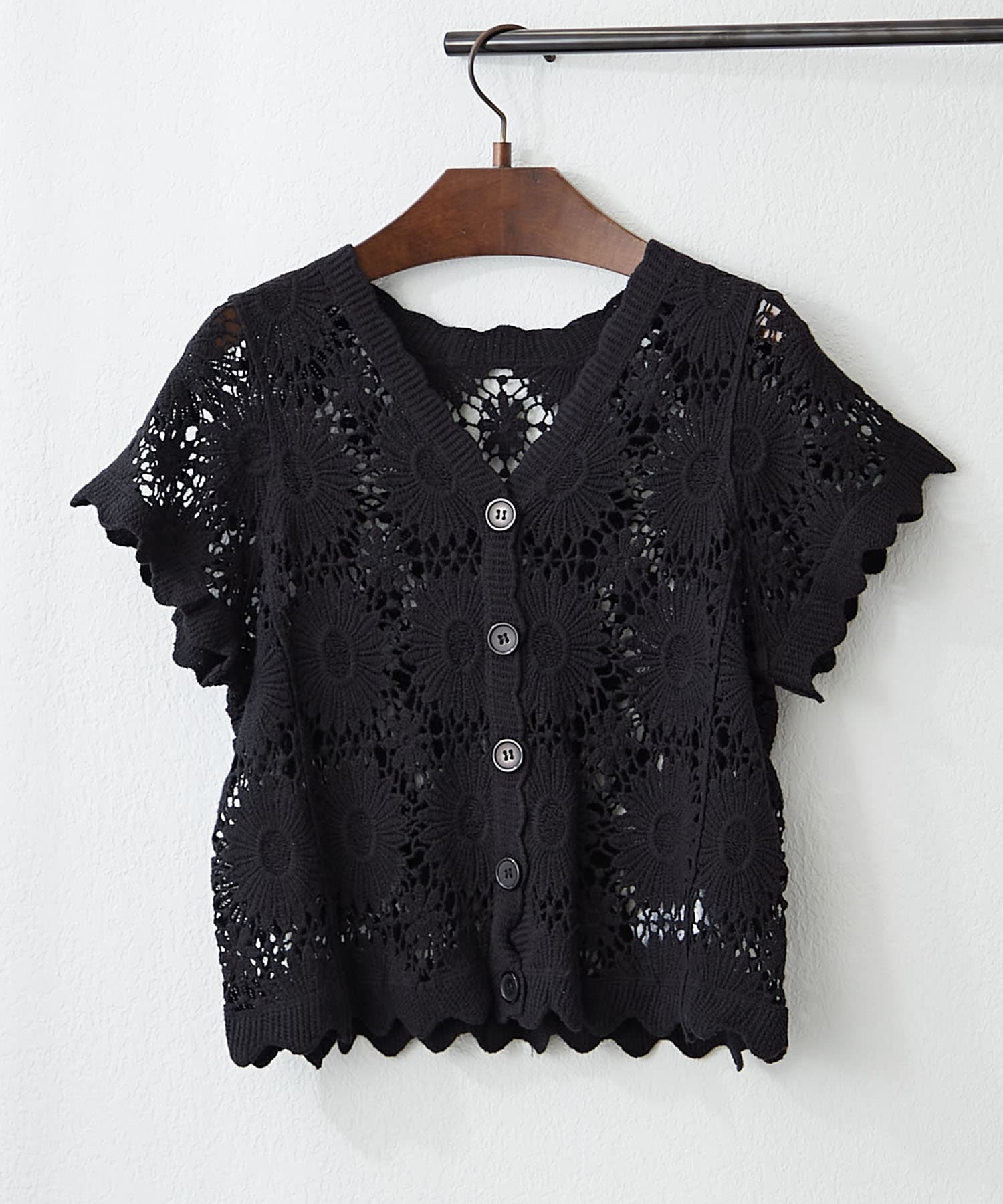 NICE CLAUP / OLIVE des OLIVE OUTLET(ナイスクラップ  / オリーブ デ オリーブ アウトレット) 涼し気レース編み【RMAF】かぎ針半袖カーディガン