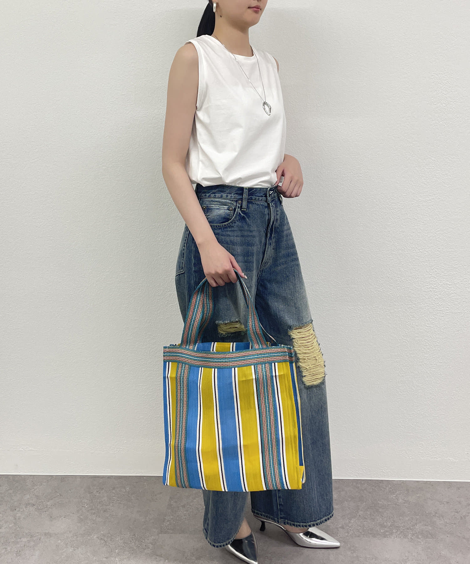 美品 ラウンジドレス シワ加工 コットストライプシャツ ノットデザイン ブルー シルケットノースリカットソー | LOUNGEDRESS(ラウンジドレス