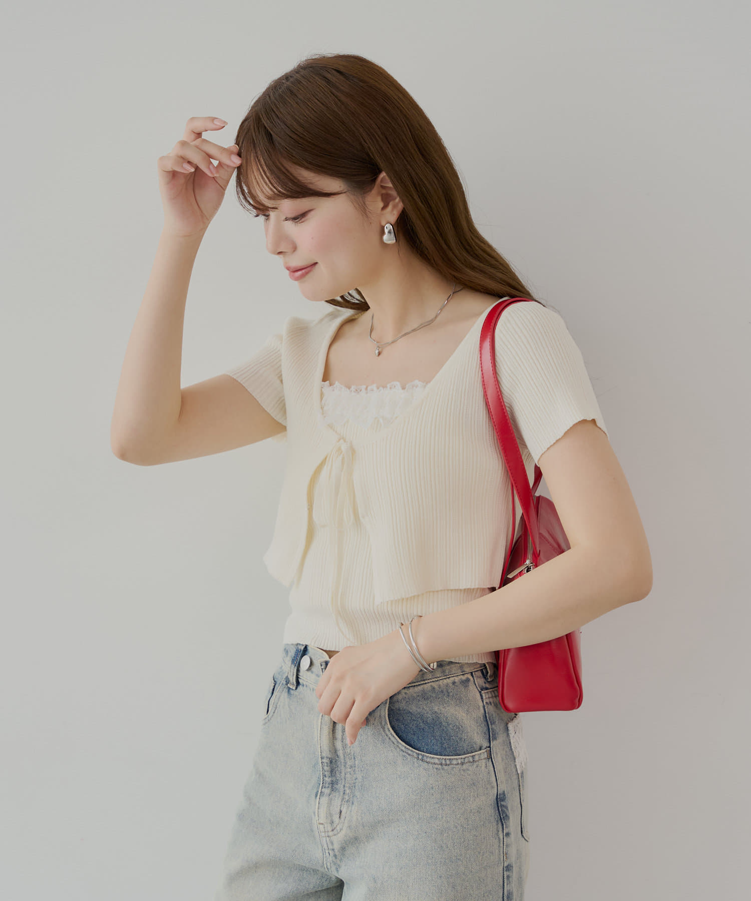 5色展開】ショートカーディガン+レースキャミセット | Chico