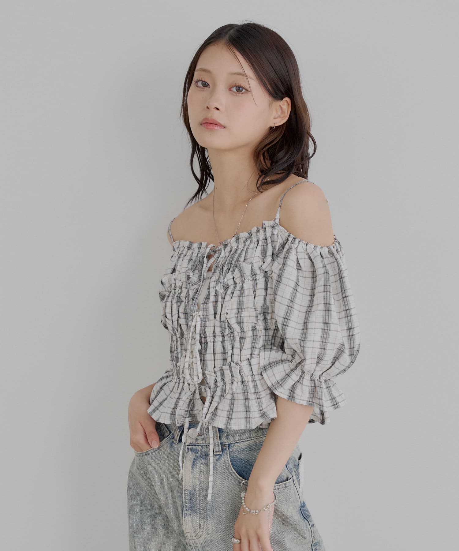 チェックチュール袖ブラウス OTONA トップス ブラウス レディース ブラック チェック 柄