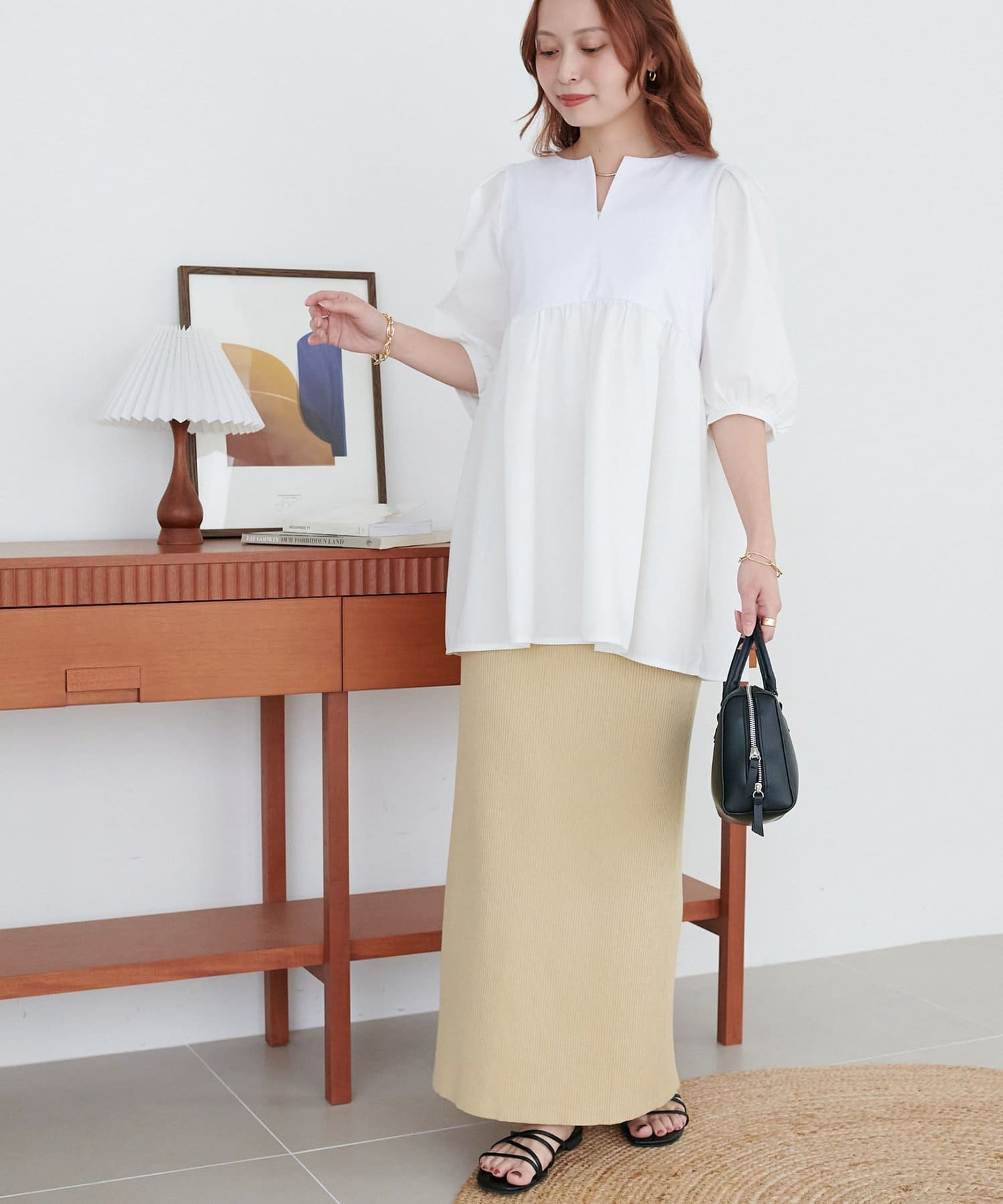 DISCOAT(ディスコート) 【WEB限定】異素材キーネックペプラムブラウス