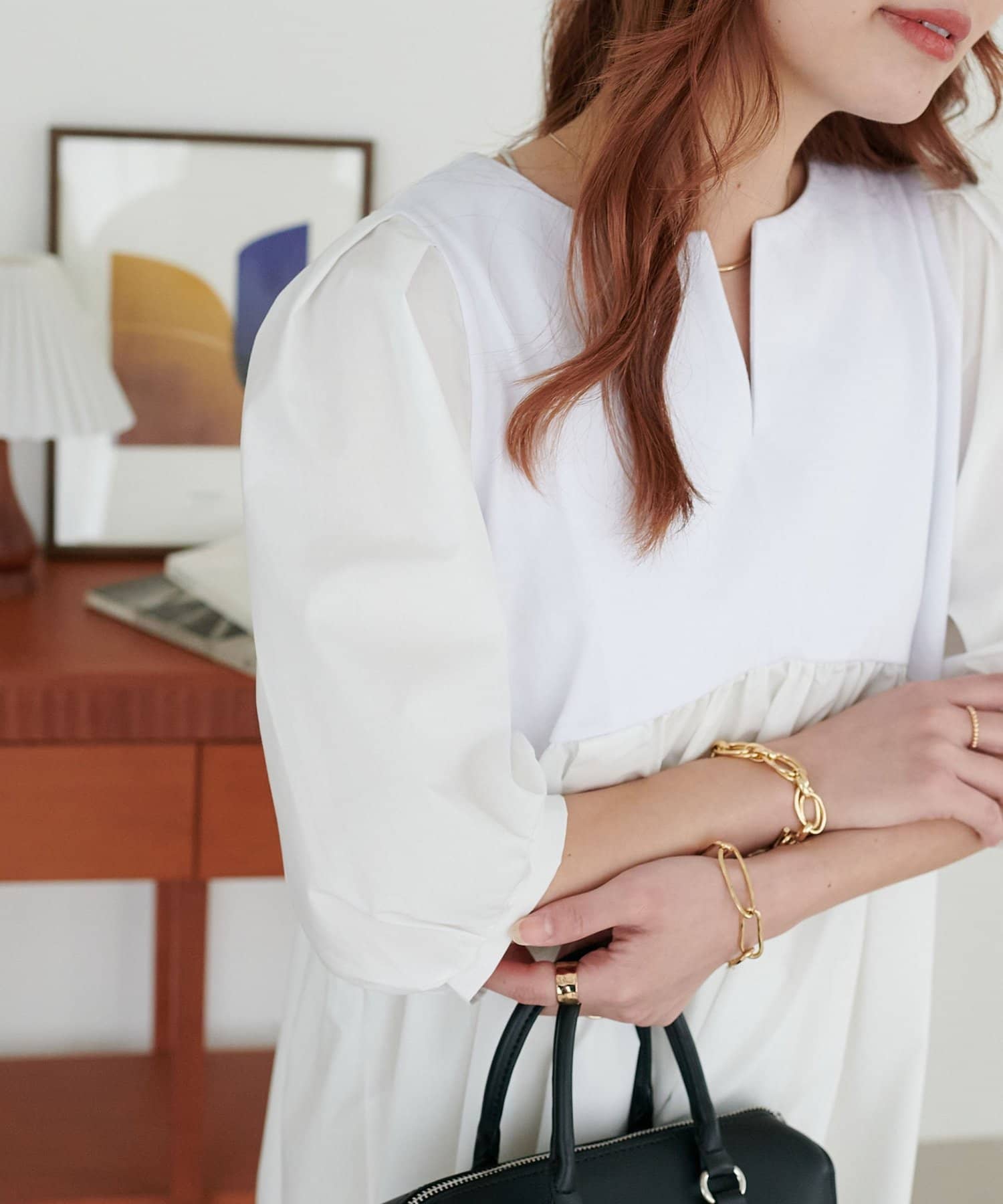 DISCOAT(ディスコート) 【WEB限定】異素材キーネックペプラムブラウス