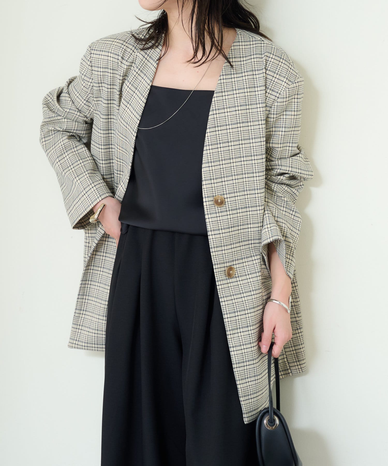 OUTLET(アウトレット) 【Omekashi】シアー/チェック ノーカラージャケット