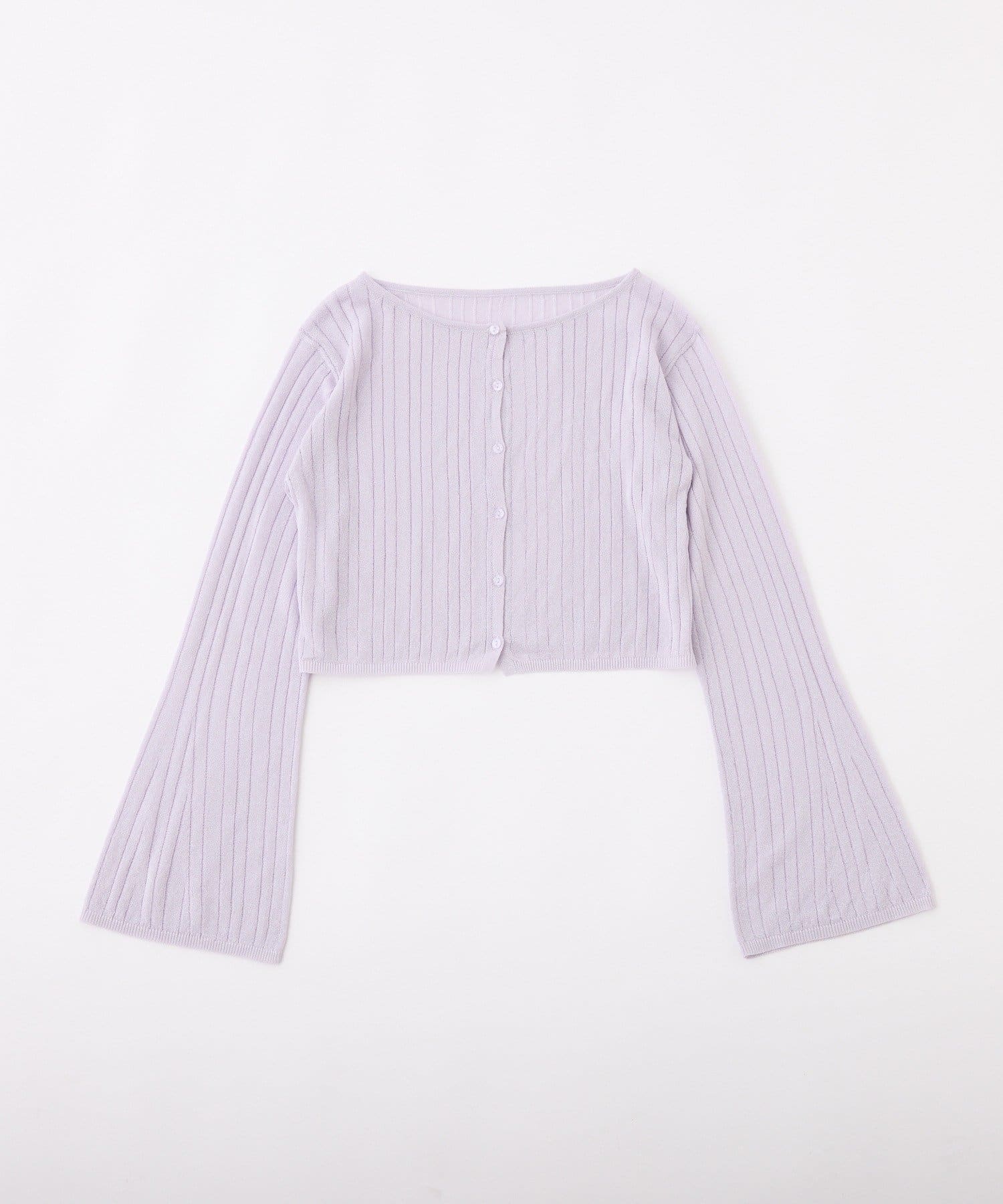 ~NICECLAUP 2025 Summer Collection~クリアボタンが可愛らしいシアー素材のカーディガン袖はベルスリーブになっているので華奢感を演出し、シアー素材で夏でも涼しく快適に着られ