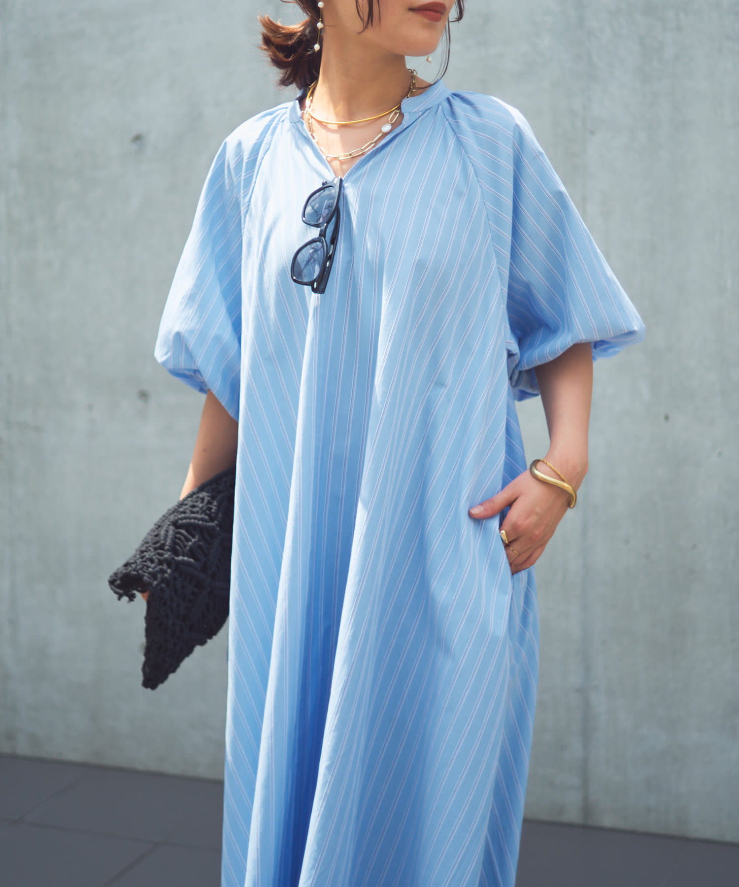 美品！DES PRES ストライプ　ロングワンピース セール】 ランダムストライプ ネックギャザーワンピース