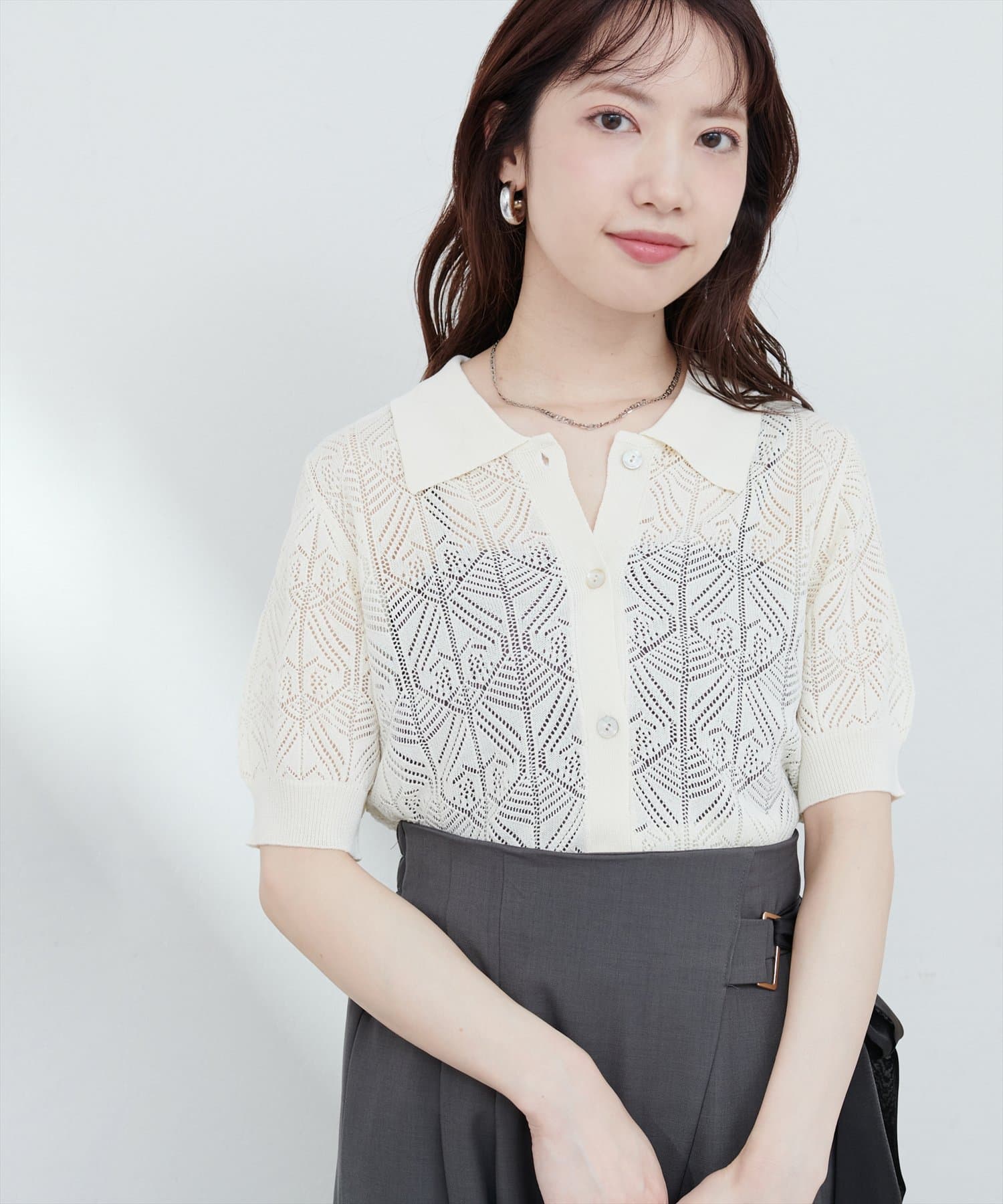 natural couture(ナチュラルクチュール) 【WEB限定】透かし編みコンパクトシャツニットカーデ