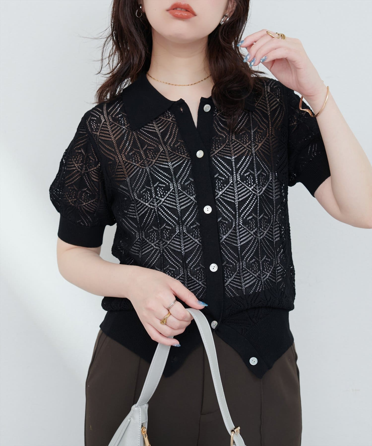 natural couture(ナチュラルクチュール) 【WEB限定】透かし編みコンパクトシャツニットカーデ