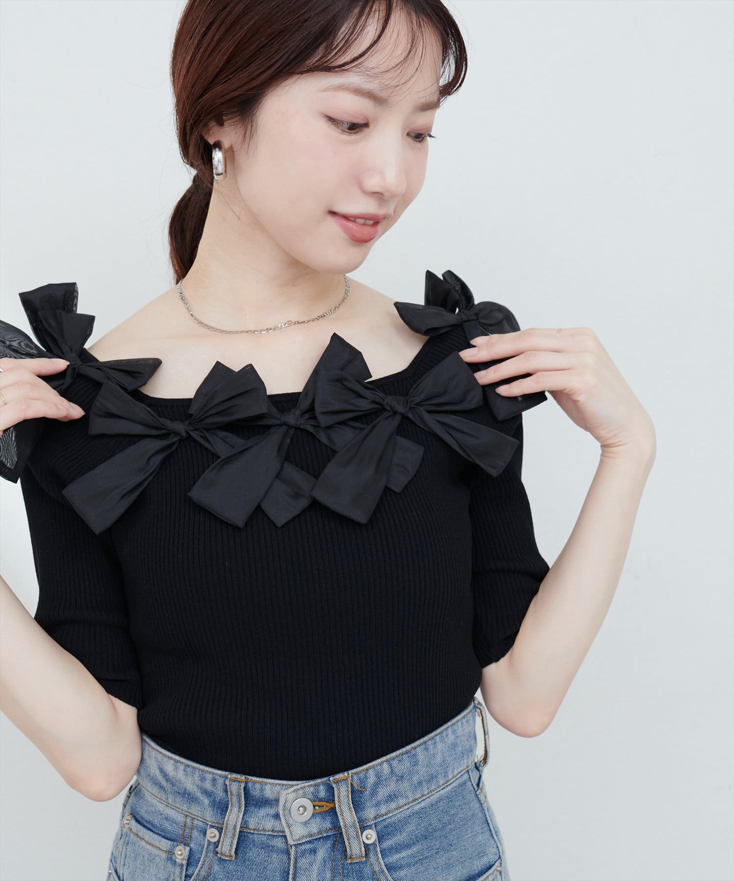 【オープニング大セール】 リボン×リボンリブニット | couture(ナチュラル natural トップス