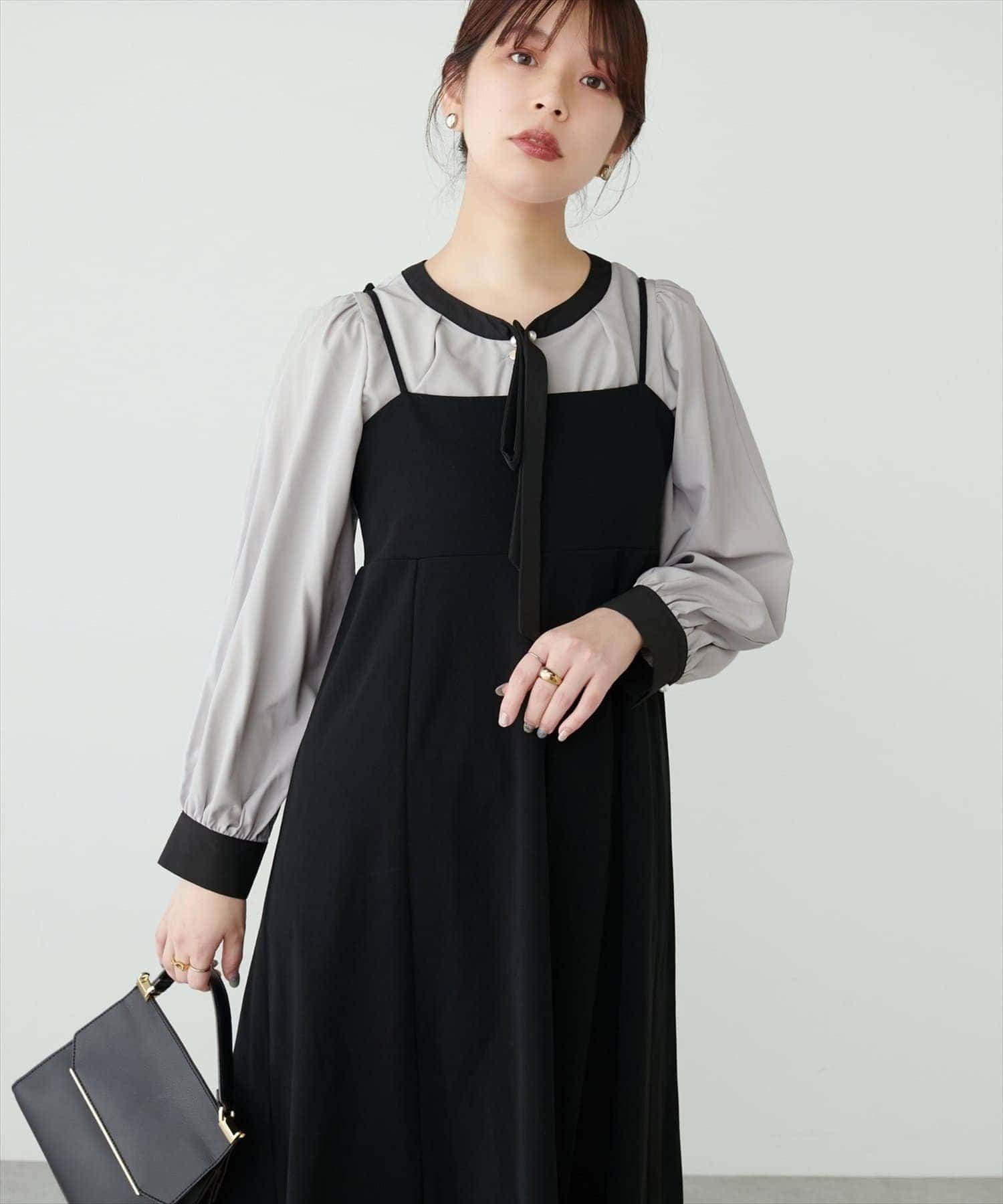 NICE CLAUP / OLIVE des OLIVE OUTLET(ナイスクラップ  / オリーブ デ オリーブ アウトレット) 【natural couture】パールリボンタイ付き配色ブラウス