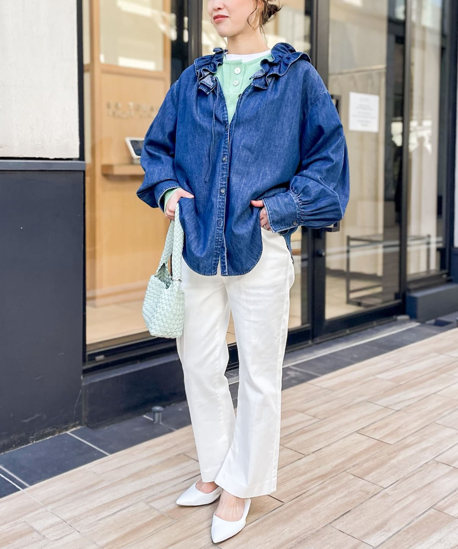 NOLLEY'S ノーリーズ フリルデニムギャザーブラウス フリーサイズ 追加7回】【RM denim】フリルギャザーデニムブラウス | ノーリーズ