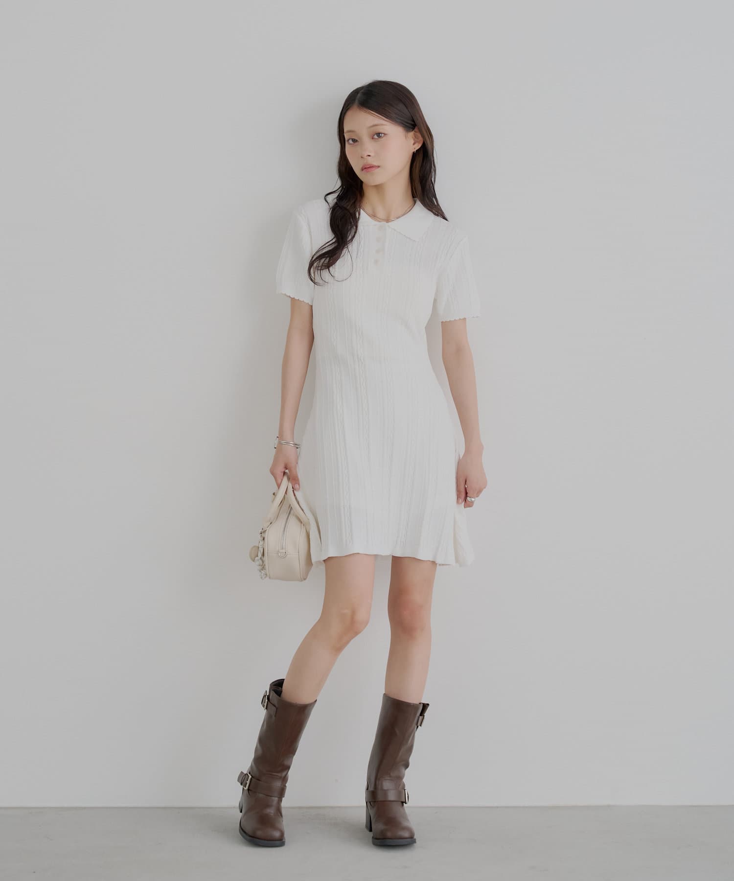 patou 34 アイボリーミニワンピース 柄編みポロニットミニワンピース（ワンピース）｜Chico（チコ