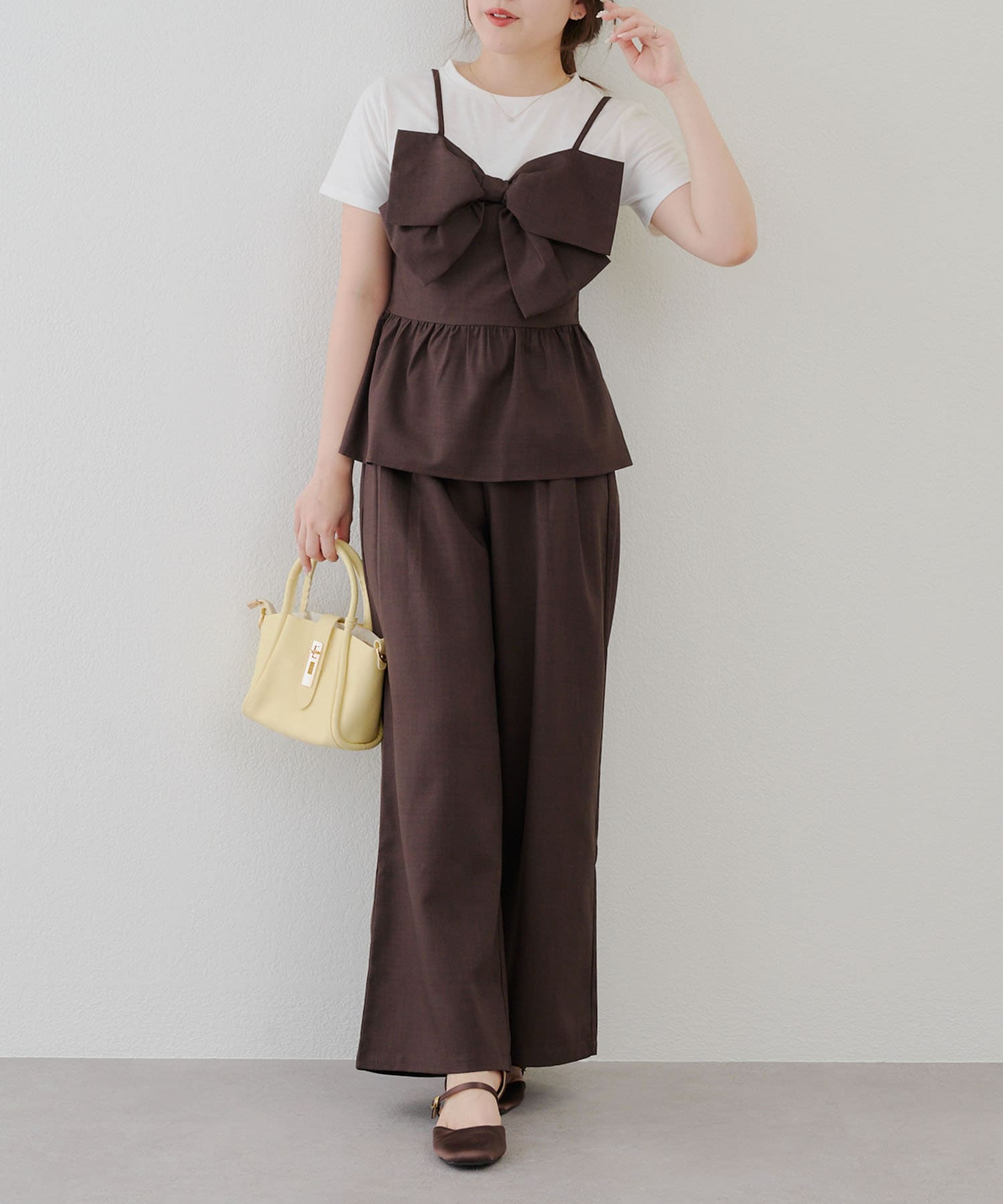 SET UP】ドッキングリボントップス×タックワイドパンツ | Remind me