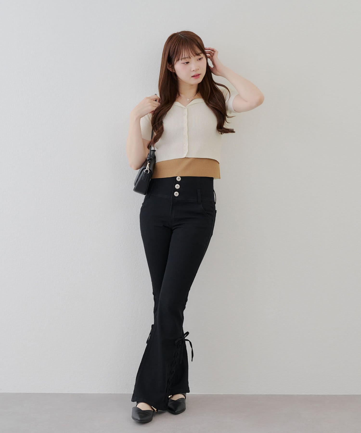 NICE CLAUP / OLIVE des OLIVE OUTLET(ナイスクラップ  / オリーブ デ オリーブ アウトレット) 【RMAF】【脚長効果抜群◎】サイドレースUPセミフレアデニム