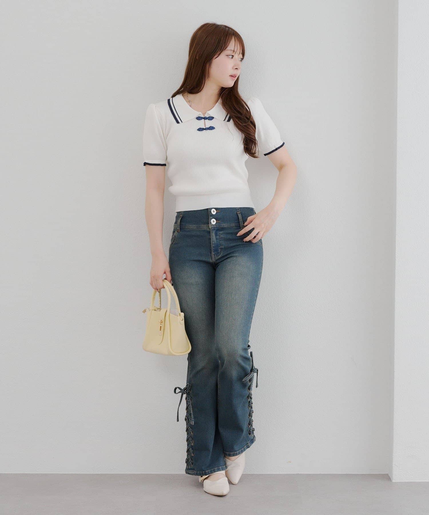 NICE CLAUP / OLIVE des OLIVE OUTLET(ナイスクラップ  / オリーブ デ オリーブ アウトレット) 【RMAF】【脚長効果抜群◎】サイドレースUPセミフレアデニム