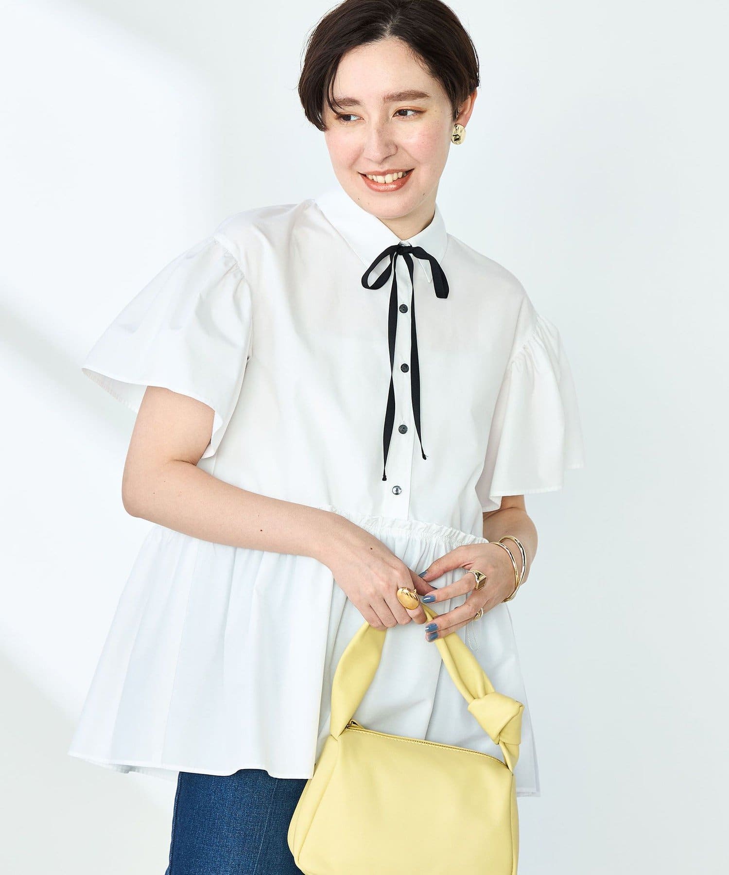 ◇25SS◇NOLLEY'S sophi◆Point・リボン付きの華やかなシャツブラウス・光沢を抑えたハリのあるバックサテン素材を使用・程よく厚みのある素材感で、白でも透けにくく着やすさ◎・