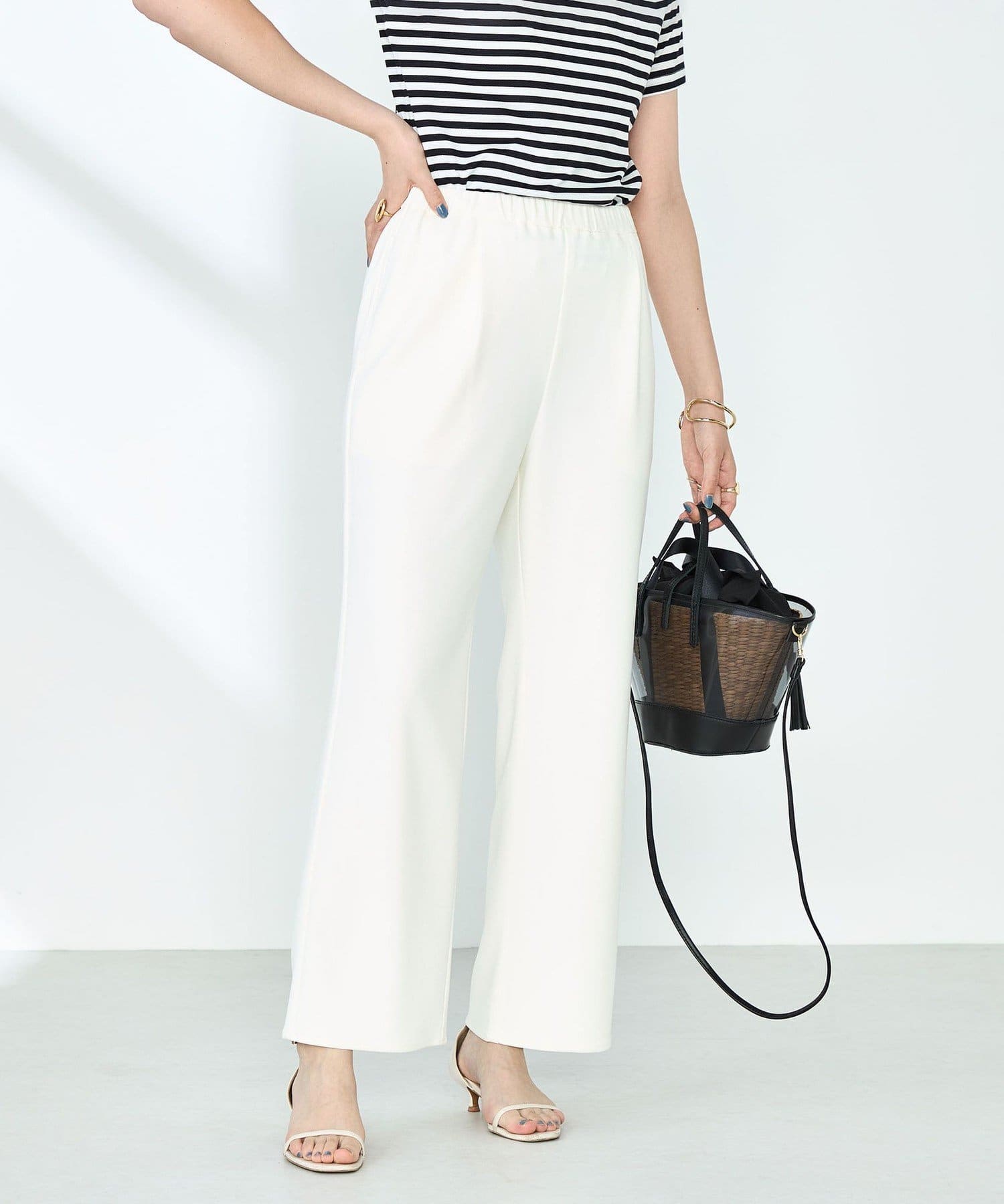 ◇25SS◇NOLLEY'S sophi◆Point・太もものラインを細めに絞ったセミフレアシルエットの美脚パンツ・ジョーゼット組織のカットソー素材を使用・接触冷感/撥水/防透/防シワ/UV