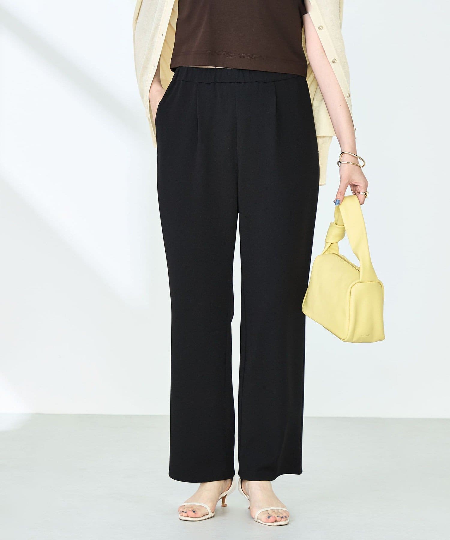 ◇25SS◇NOLLEY'S sophi◆Point・太もものラインを細めに絞ったセミフレアシルエットの美脚パンツ・ジョーゼット組織のカットソー素材を使用・接触冷感/撥水/防透/防シワ/UV