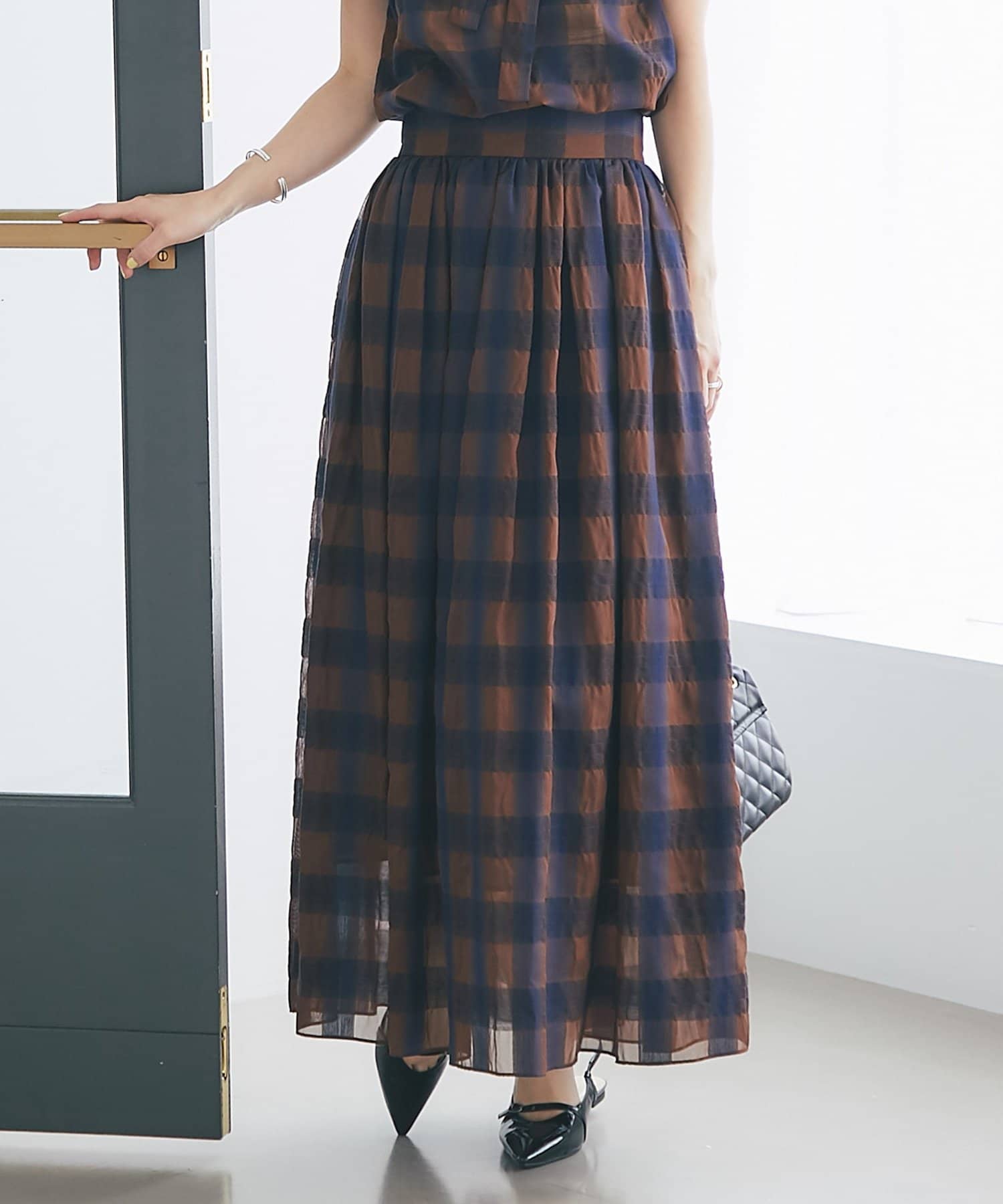 La boutique BonBon(ラブティックボンボン) 【低身長サイズ・セットアップ可】シアーオンブレーチェックギャザーロングスカート