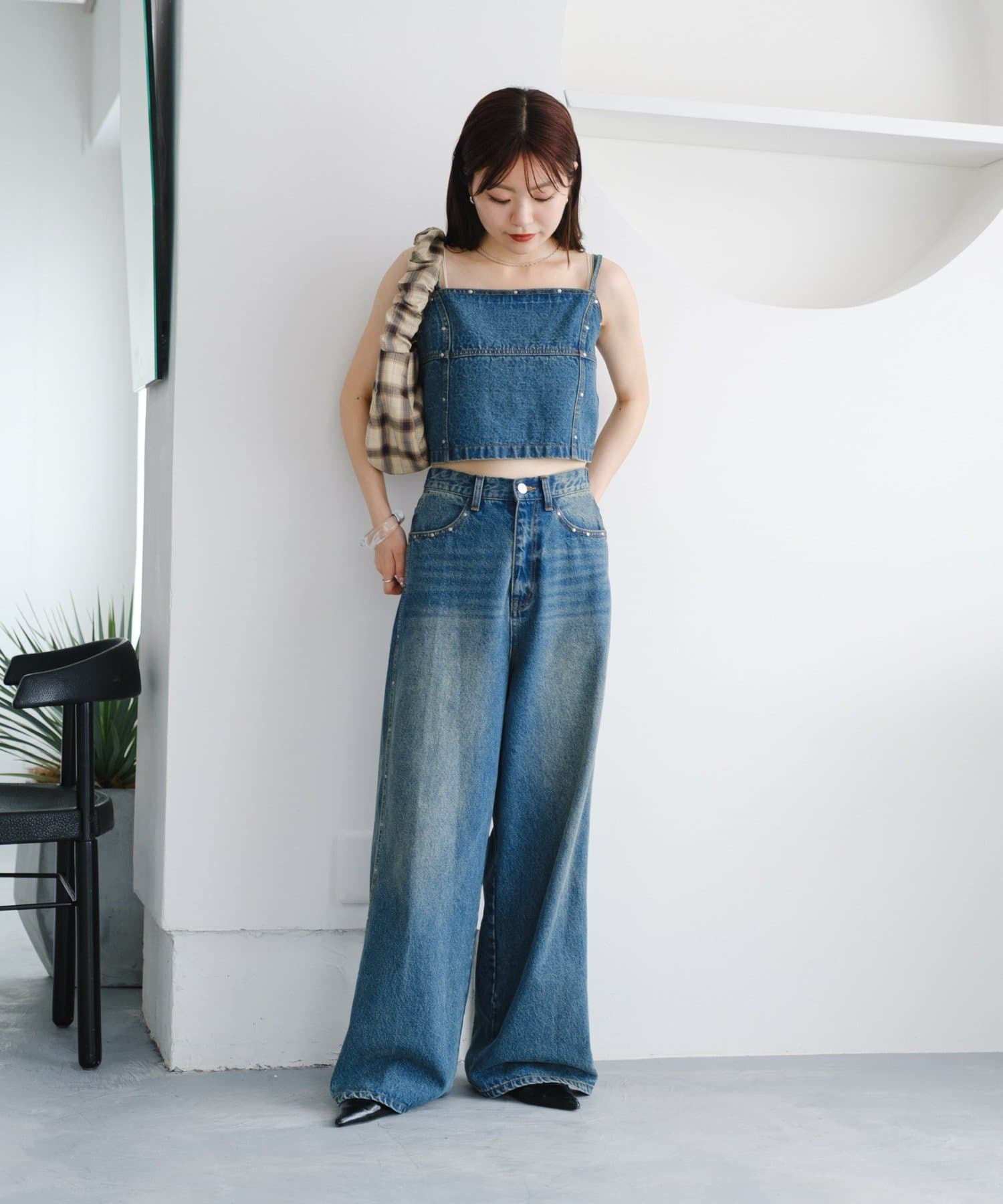 Kastane スタッズデニムパンツ セットアップ対応/低身長サイズ/2サイズ展開/ウエスト調節可
