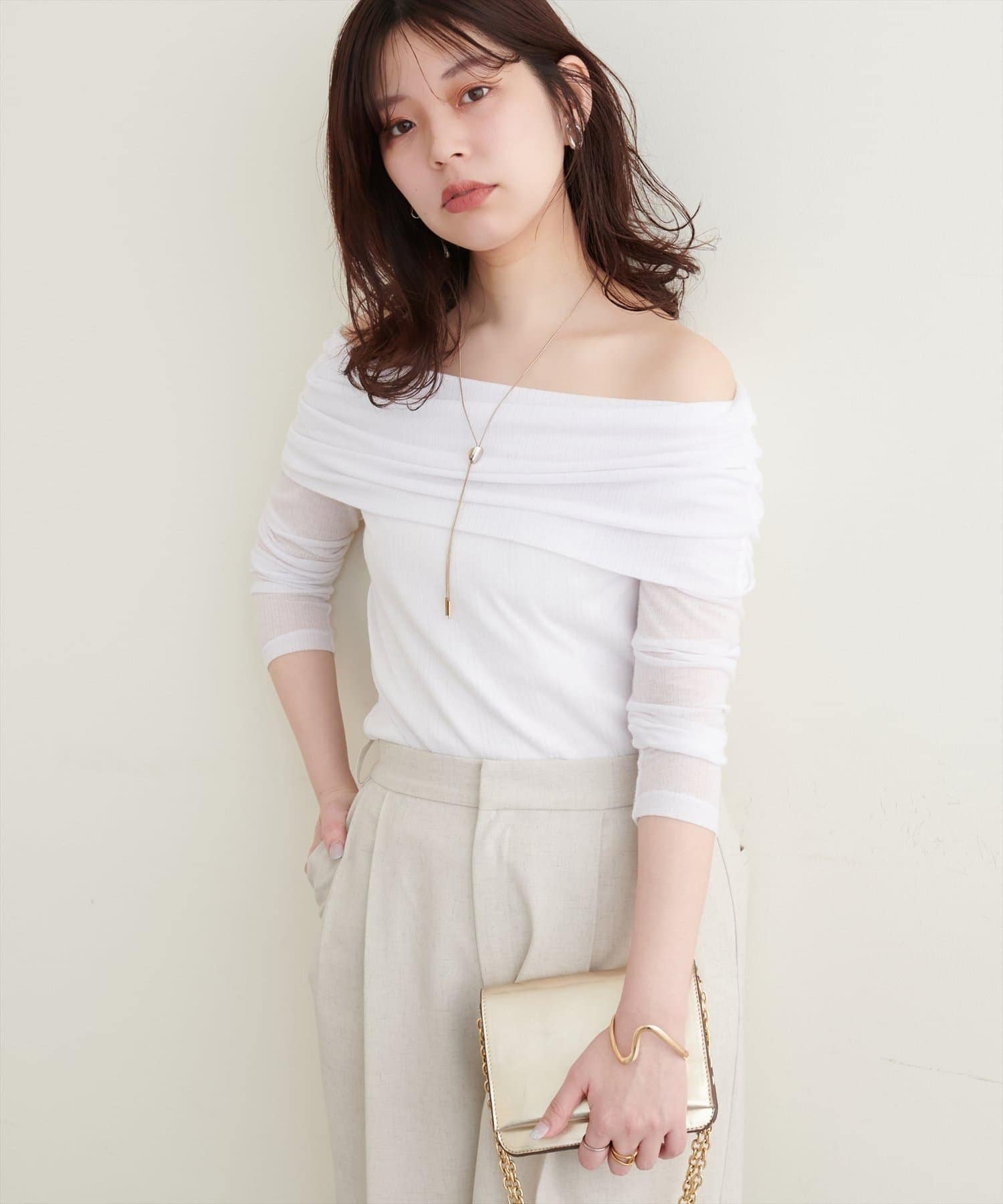 NICE CLAUP / OLIVE des OLIVE OUTLET(ナイスクラップ  / オリーブ デ オリーブ アウトレット) 【natural couture】シアーギャザーオフショルプルオーバー
