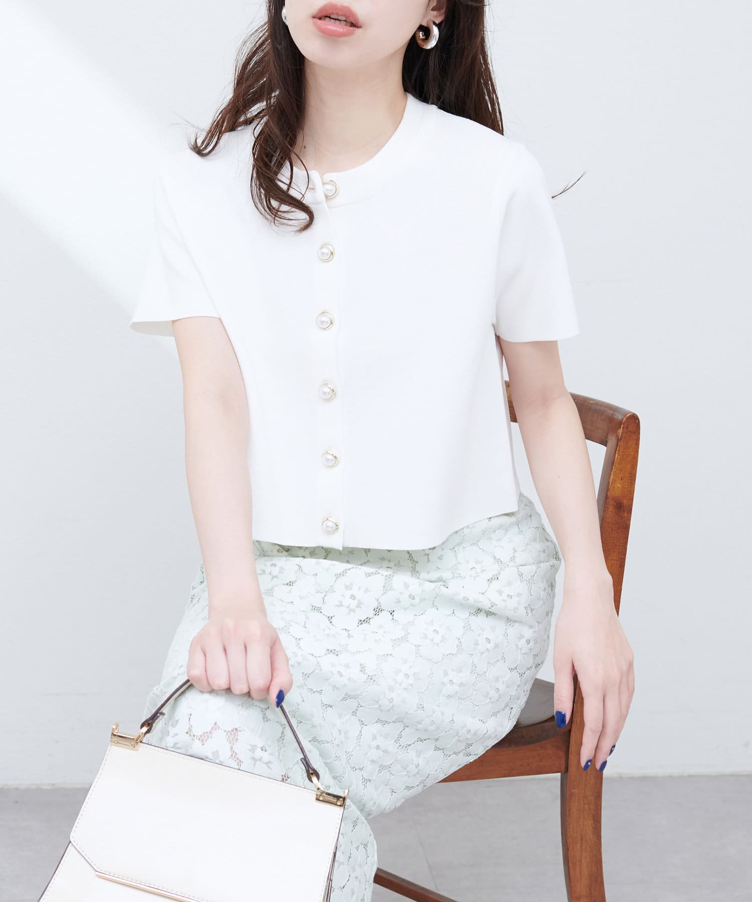 natural couture(ナチュラルクチュール) 【WEB限定】ミラノリブデザイン釦半袖カーディガン