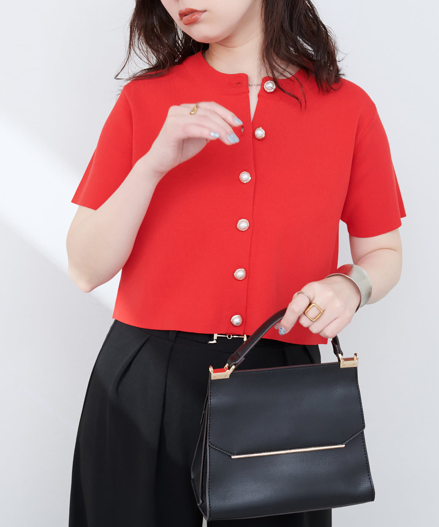 natural couture(ナチュラルクチュール) 【WEB限定】ミラノリブデザイン釦半袖カーディガン