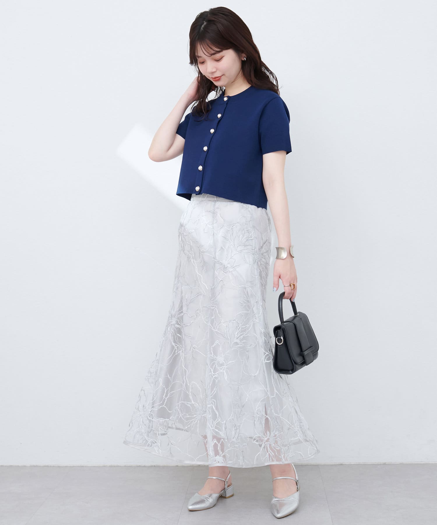 natural couture(ナチュラルクチュール) 【WEB限定】ミラノリブデザイン釦半袖カーディガン