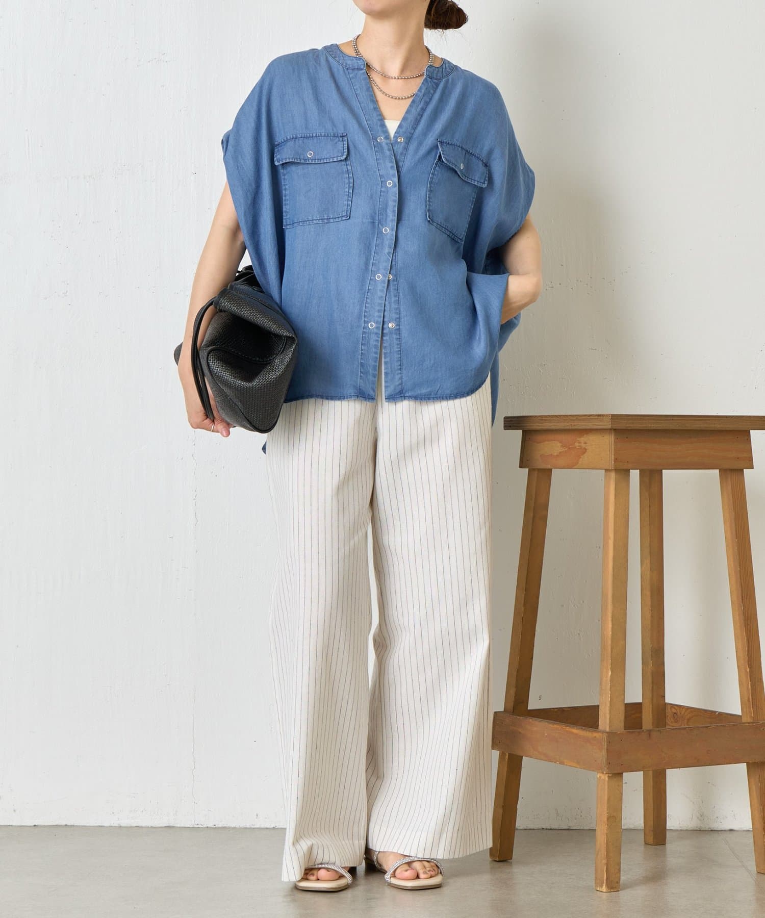 TICCA★バンドカラーテンセルデニムシャツ 美品✨ TICCA テンセルデニムシャツ バンドカラーライトブルー