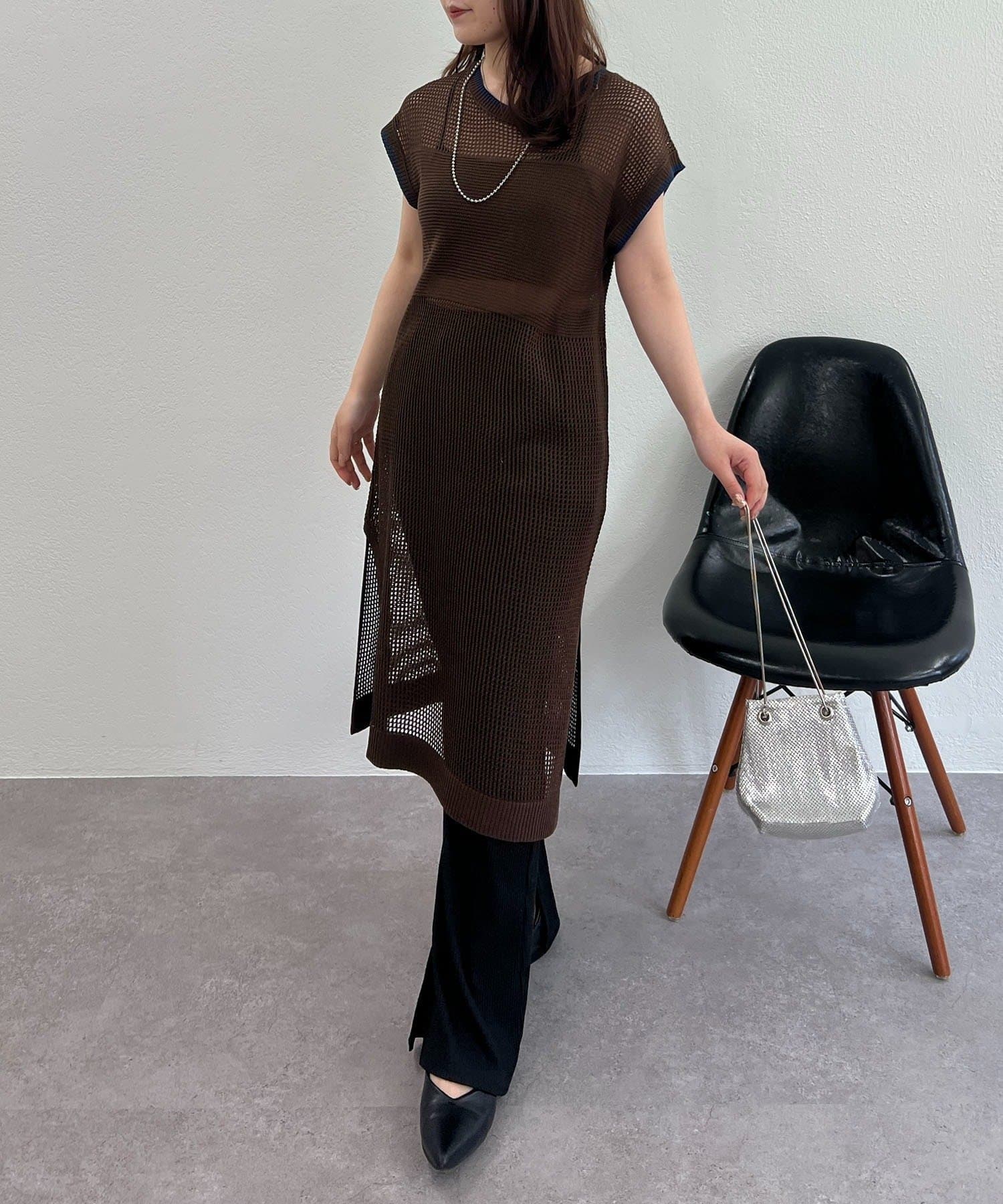 NICE CLAUP / OLIVE des OLIVE OUTLET(ナイスクラップ  / オリーブ デ オリーブ アウトレット) 【RMAF】メッシュ配色ラインワンピース